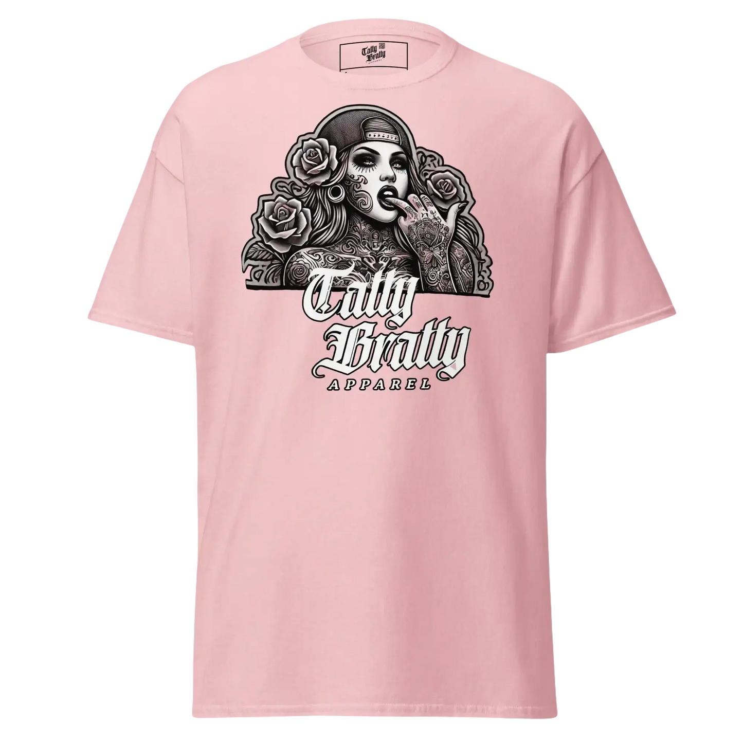 Pink t-shirt with tattooed woman graphic.