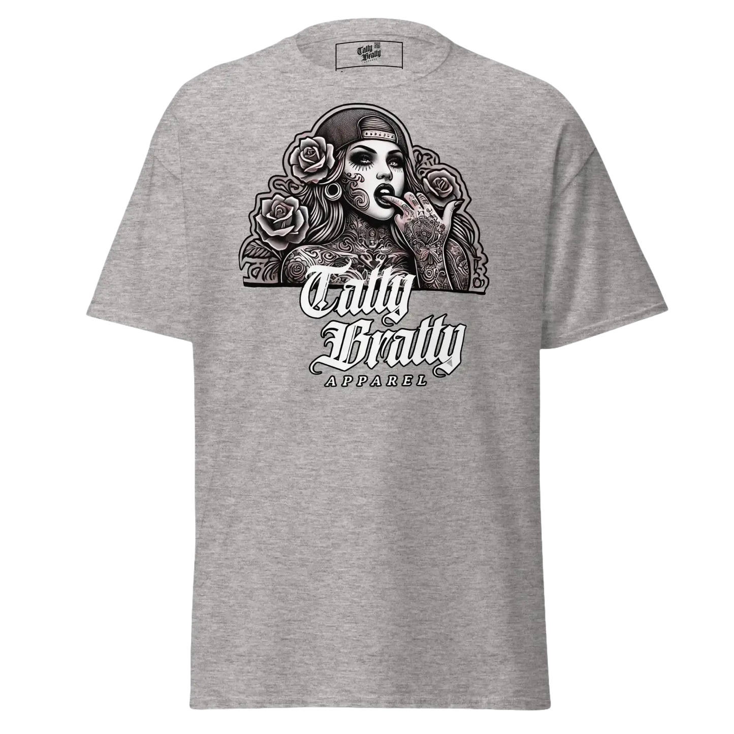 Gray t-shirt with tattooed woman graphic.
