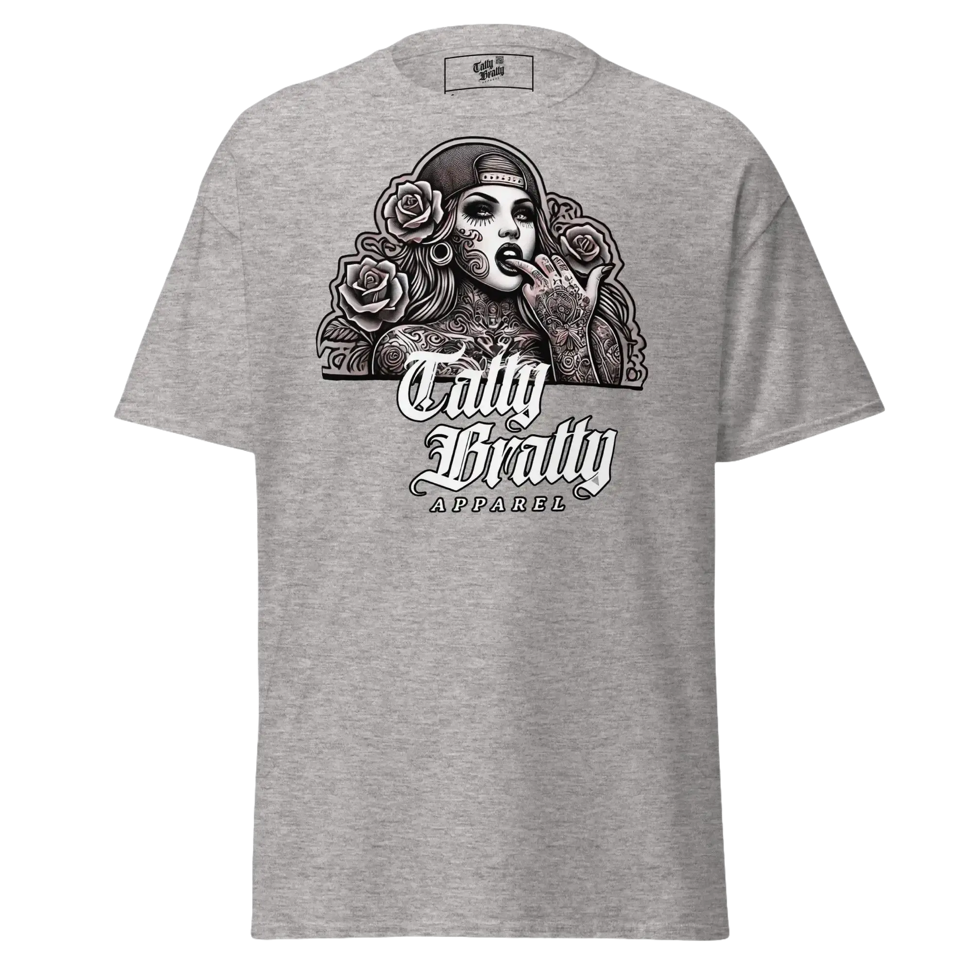 Gray t-shirt with tattooed woman graphic.