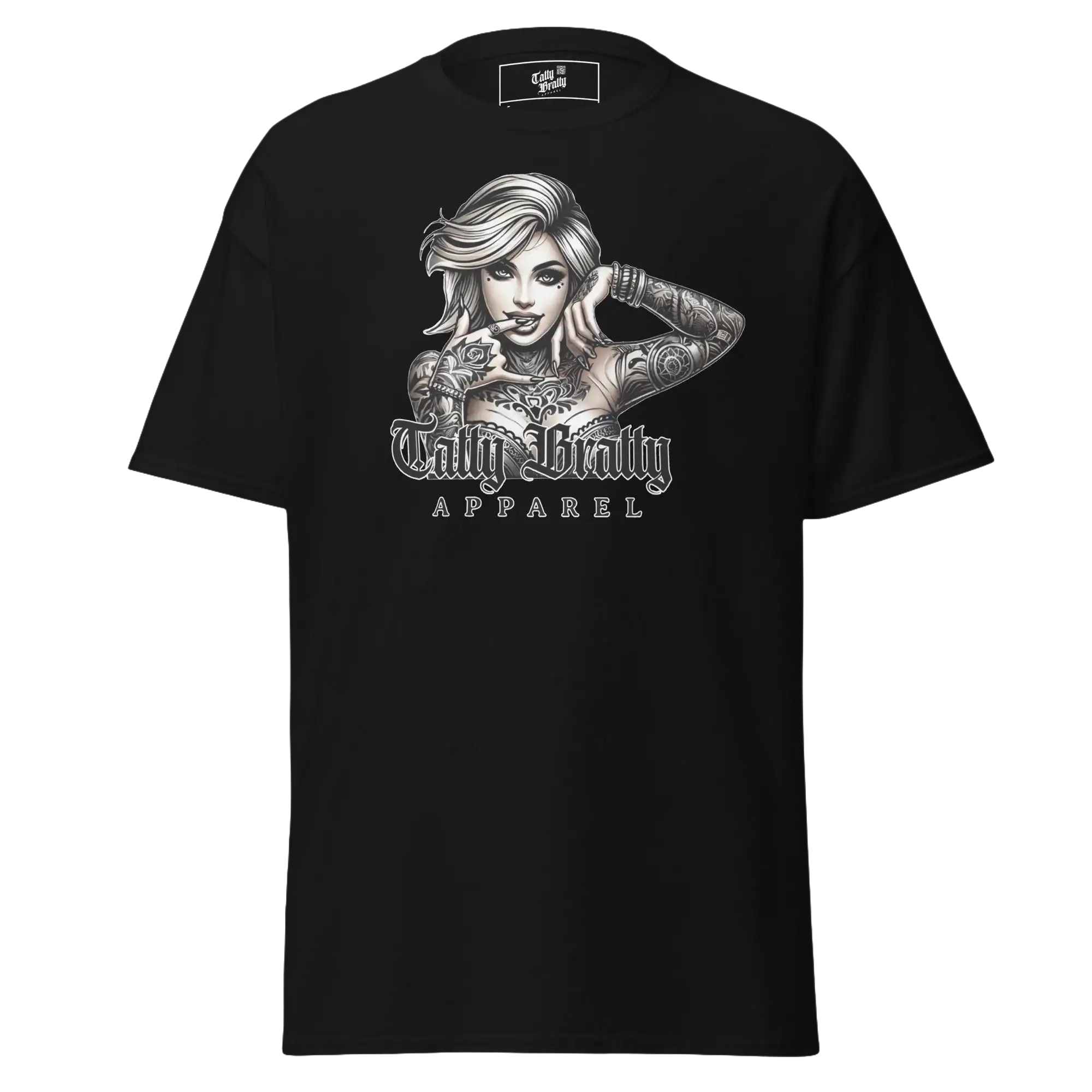 Black t-shirt with tattooed woman graphic.