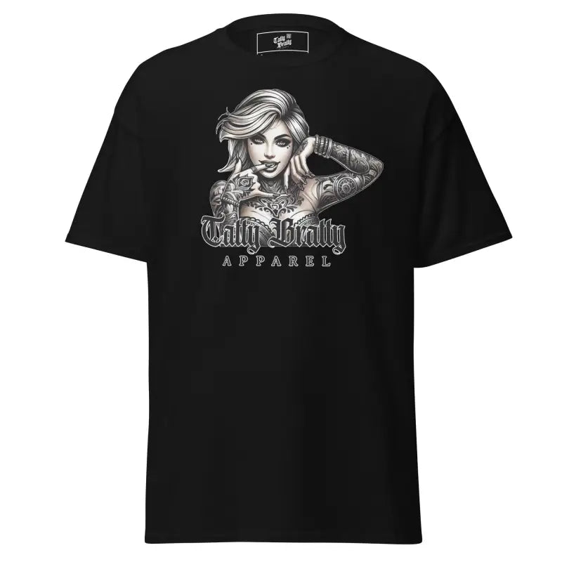 Black t-shirt with tattooed woman graphic.