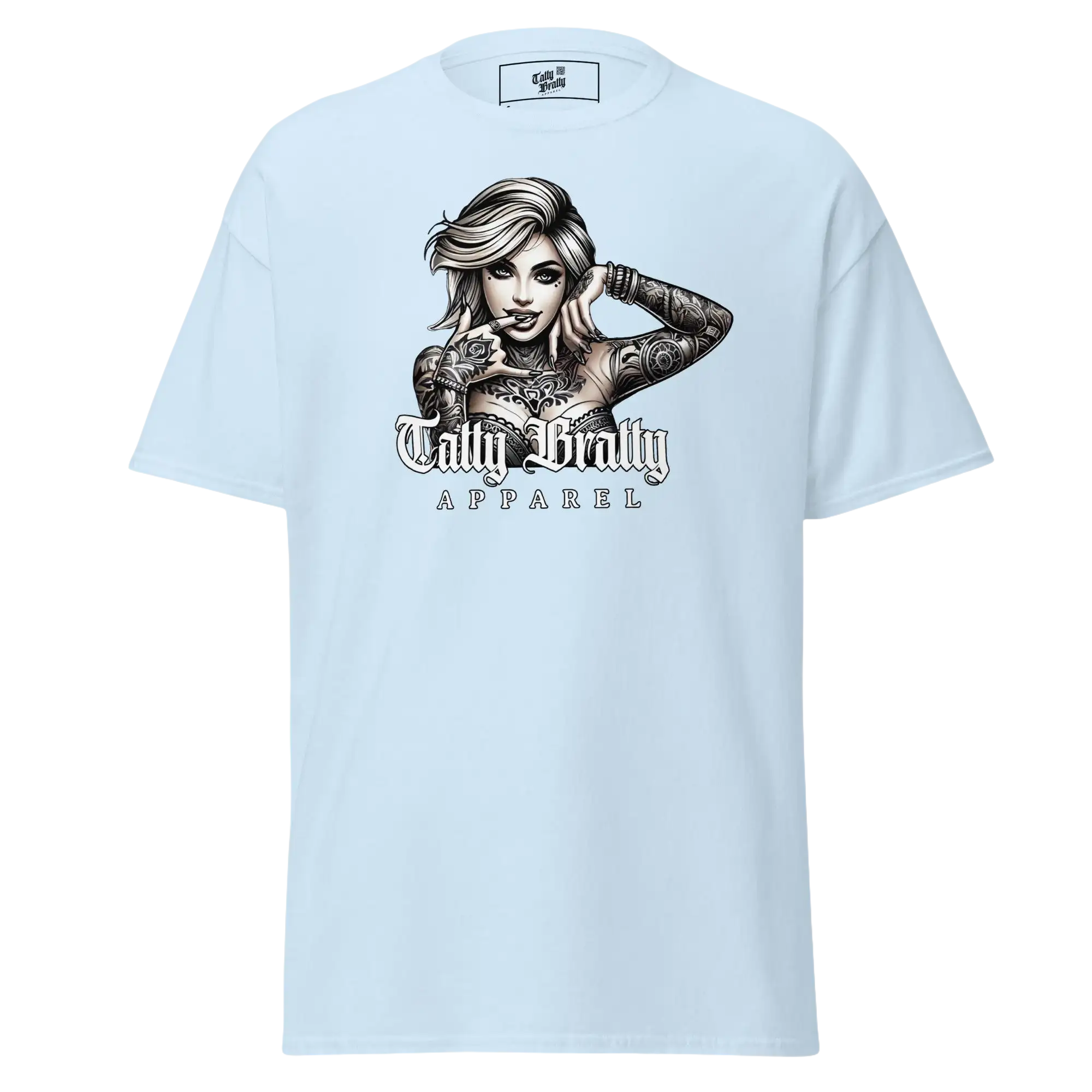 Light blue t-shirt with tattooed woman graphic.