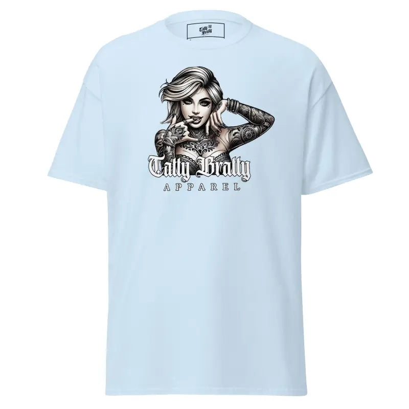 Light blue t-shirt with tattooed woman graphic.