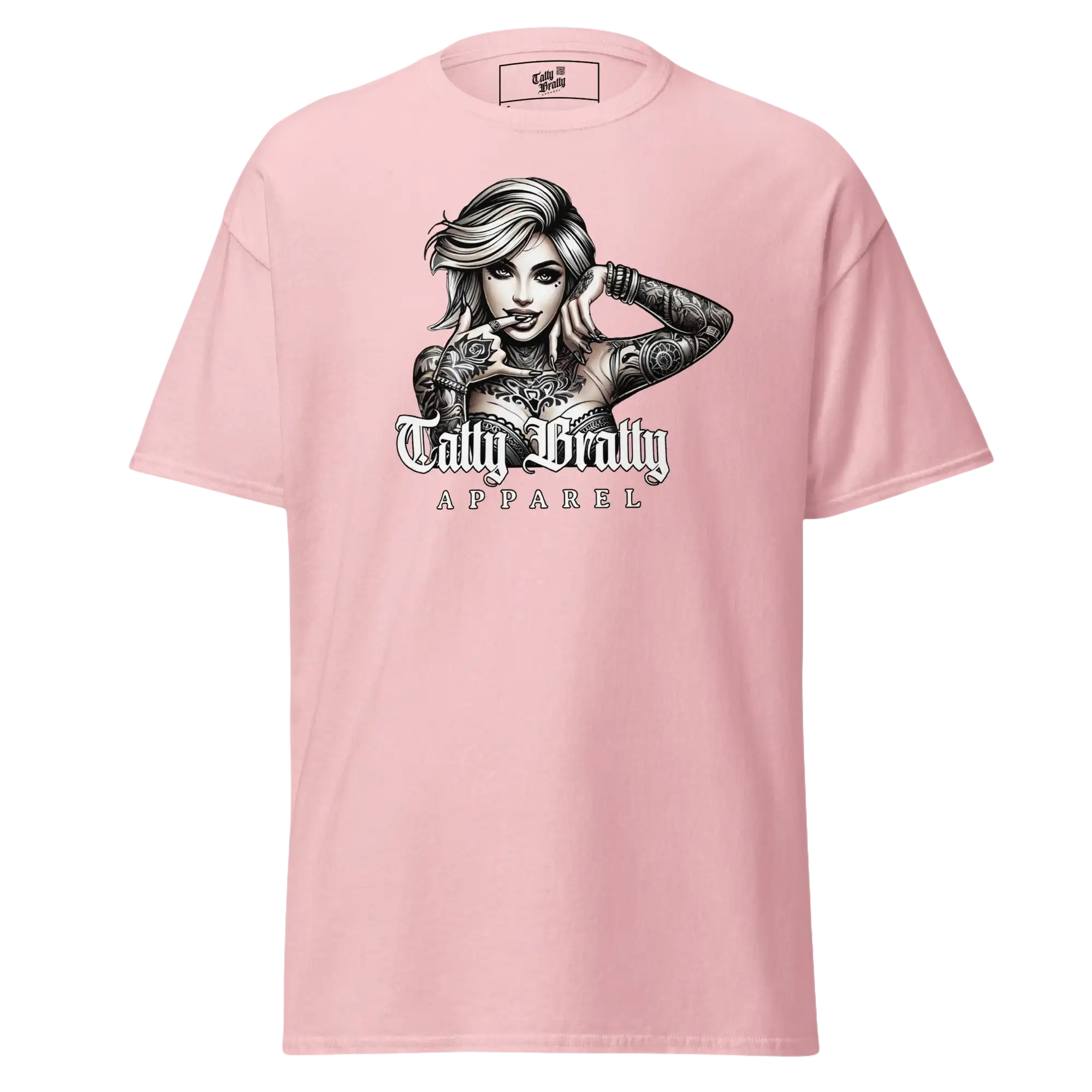 Pink t-shirt with tattooed woman graphic.