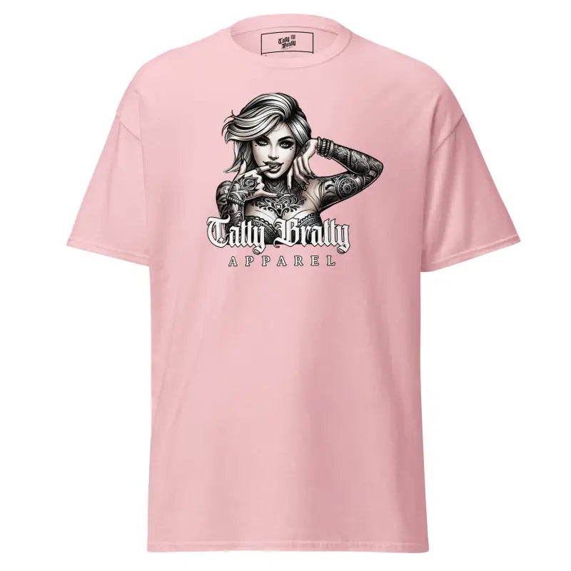 Pink t-shirt with tattooed woman graphic.