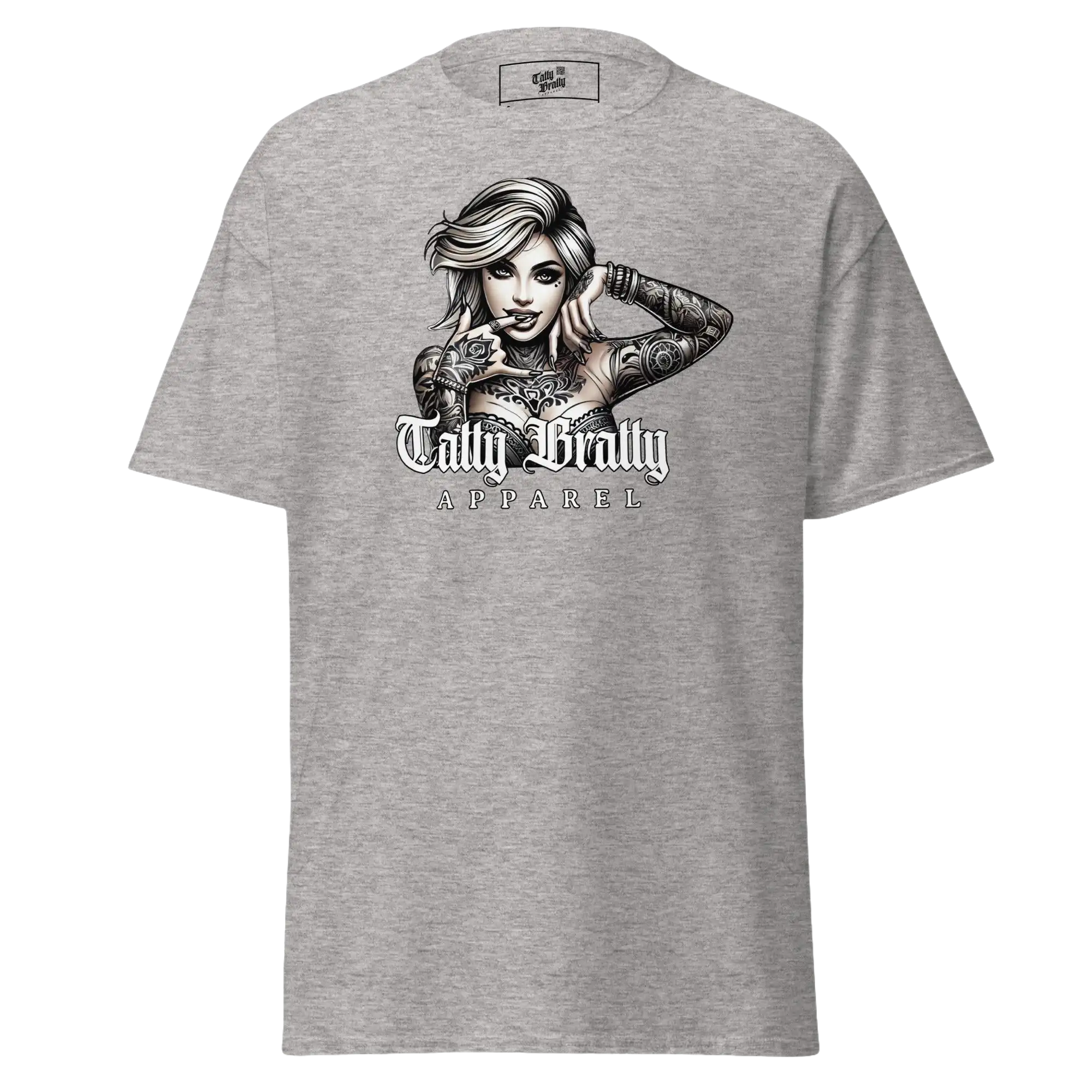 Gray t-shirt with tattooed woman graphic.