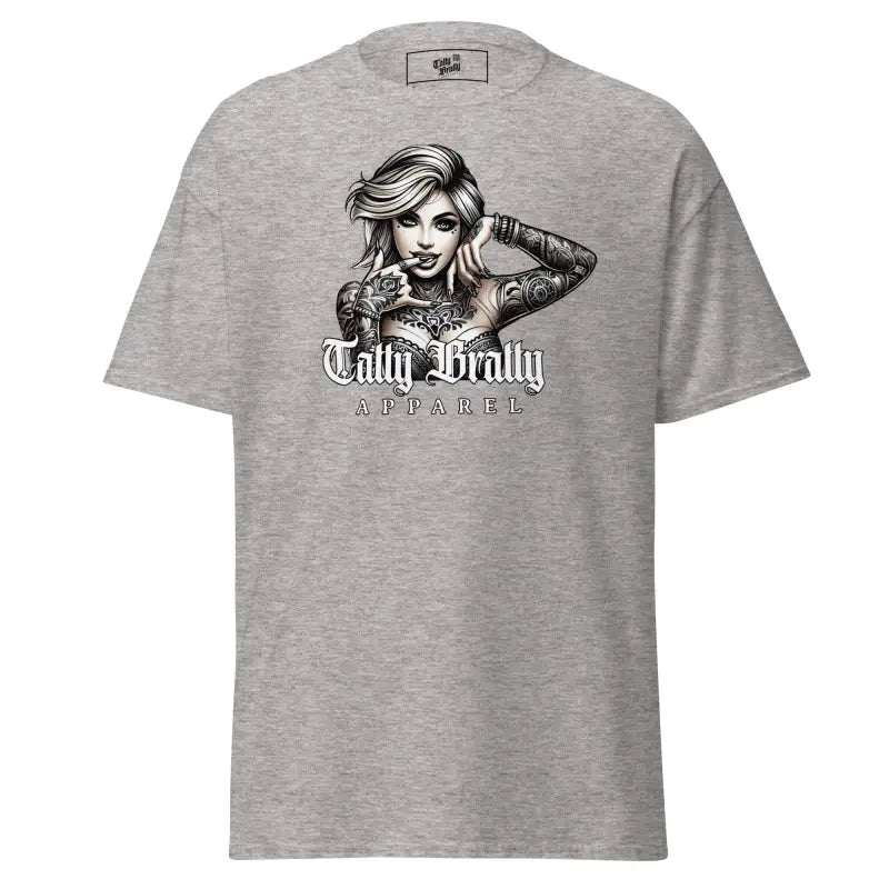 Gray t-shirt with tattooed woman graphic.