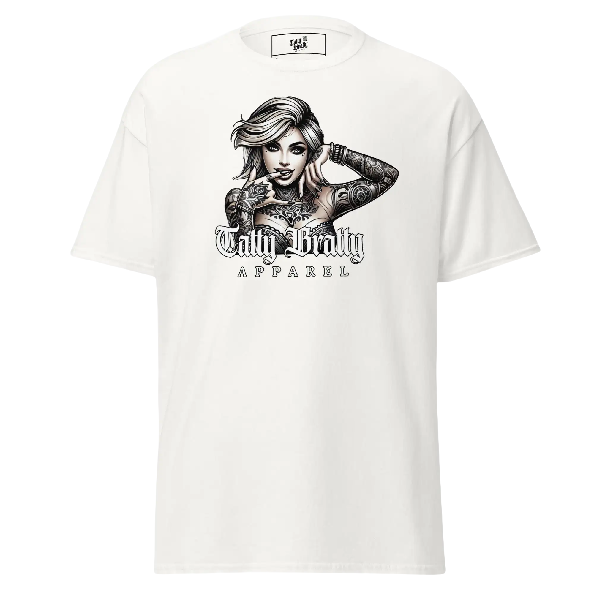 White t-shirt with tattooed woman graphic.
