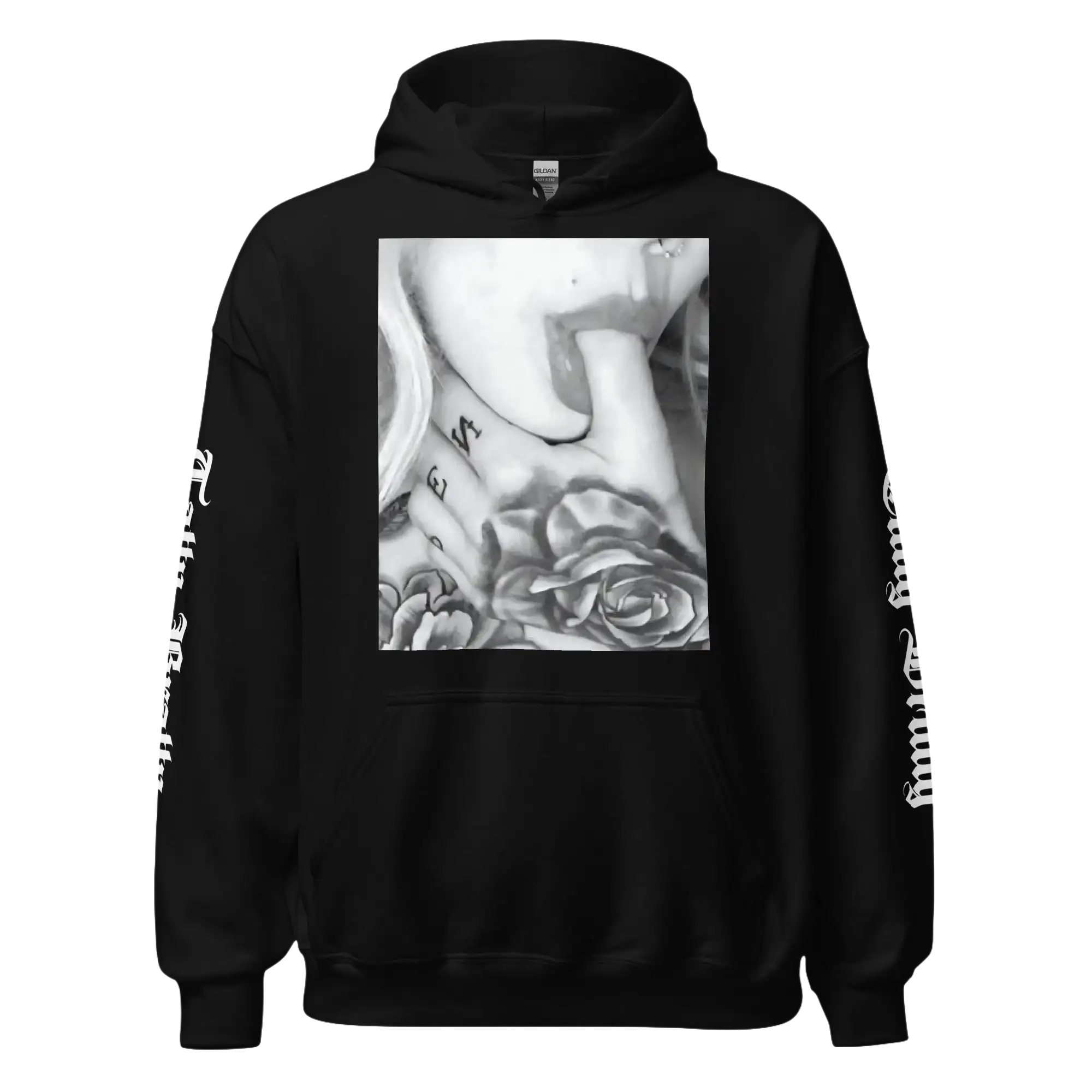 Black hoodie with a grayscale tattoo design.
