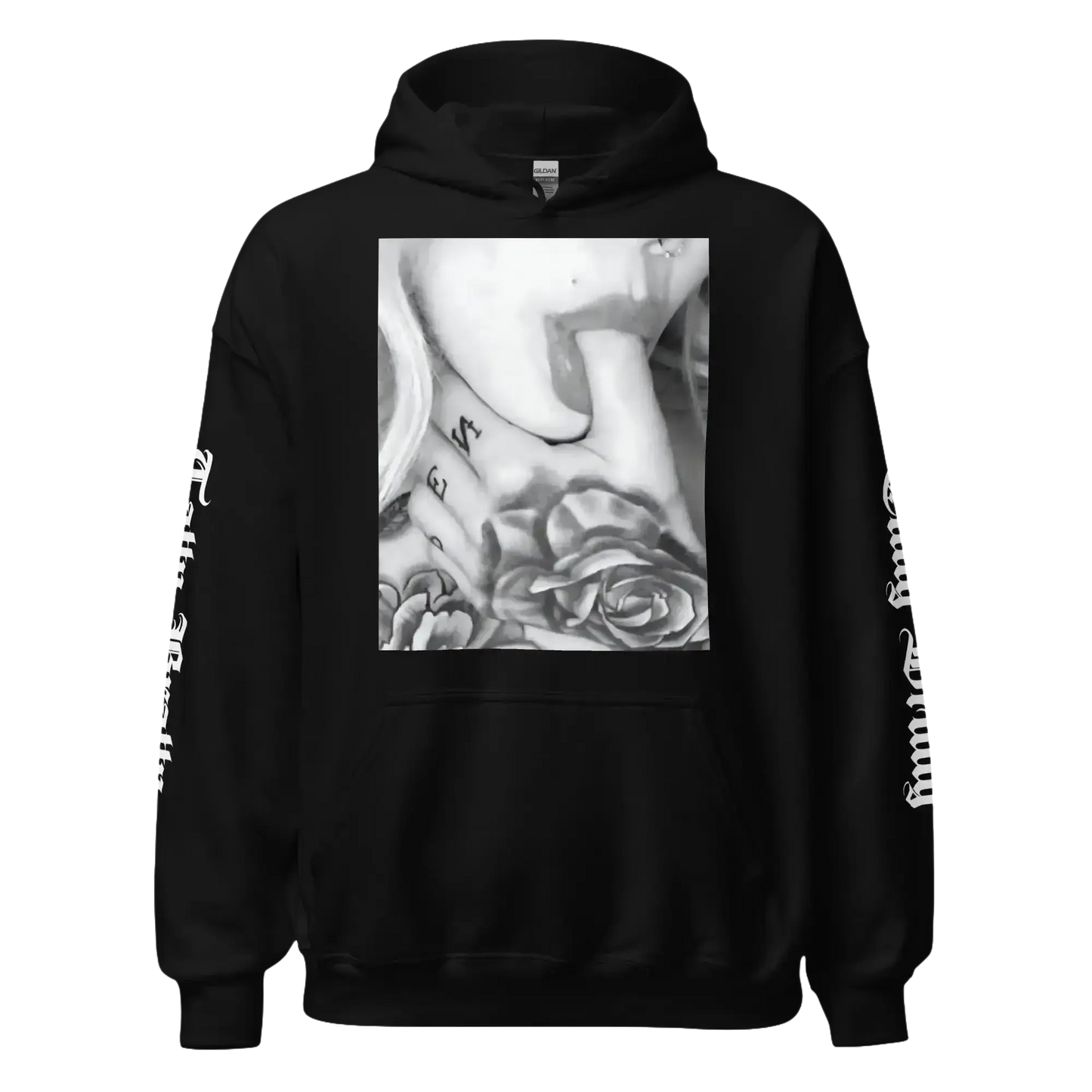 Black hoodie with a grayscale tattoo design.