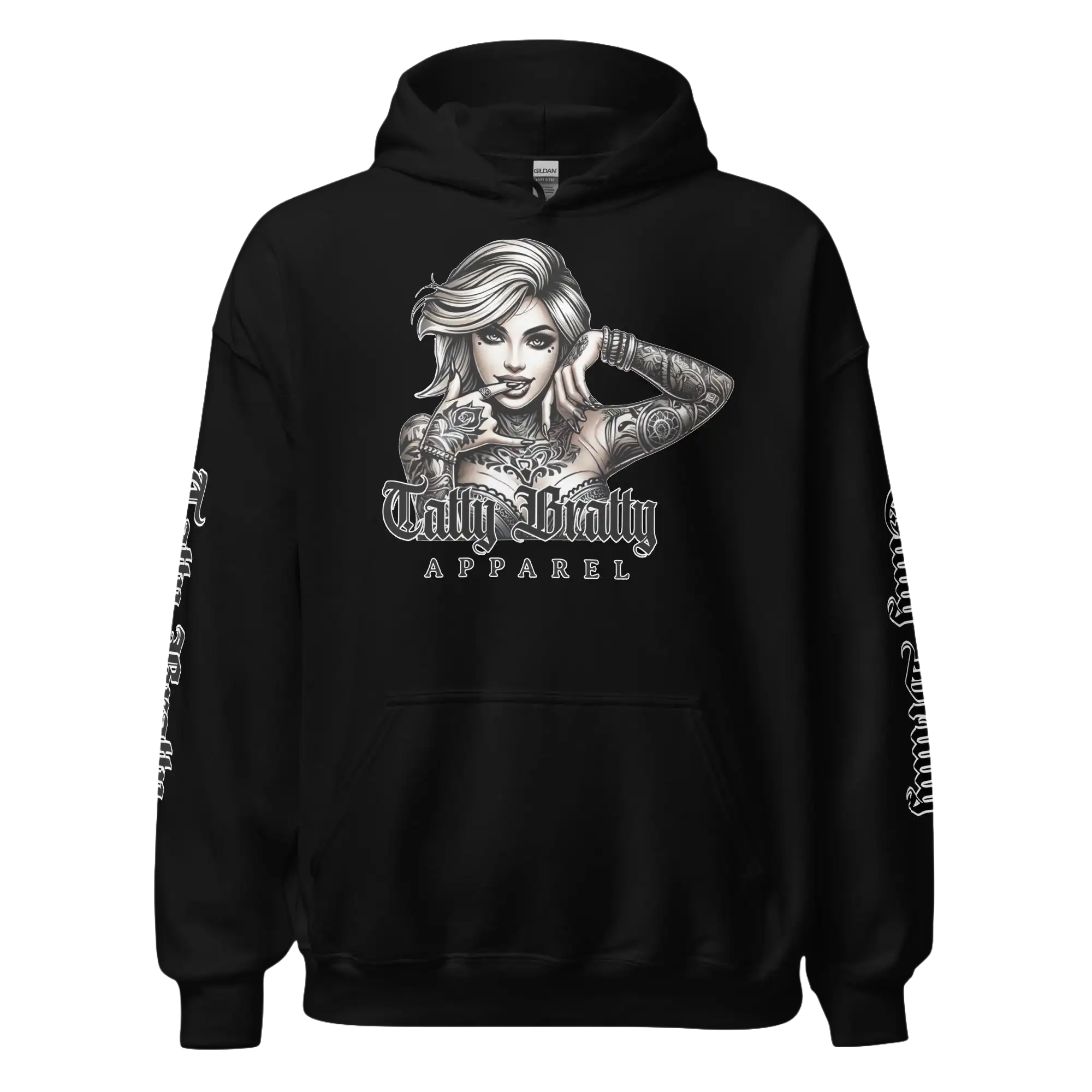 Black hoodie with a tattooed woman graphic.