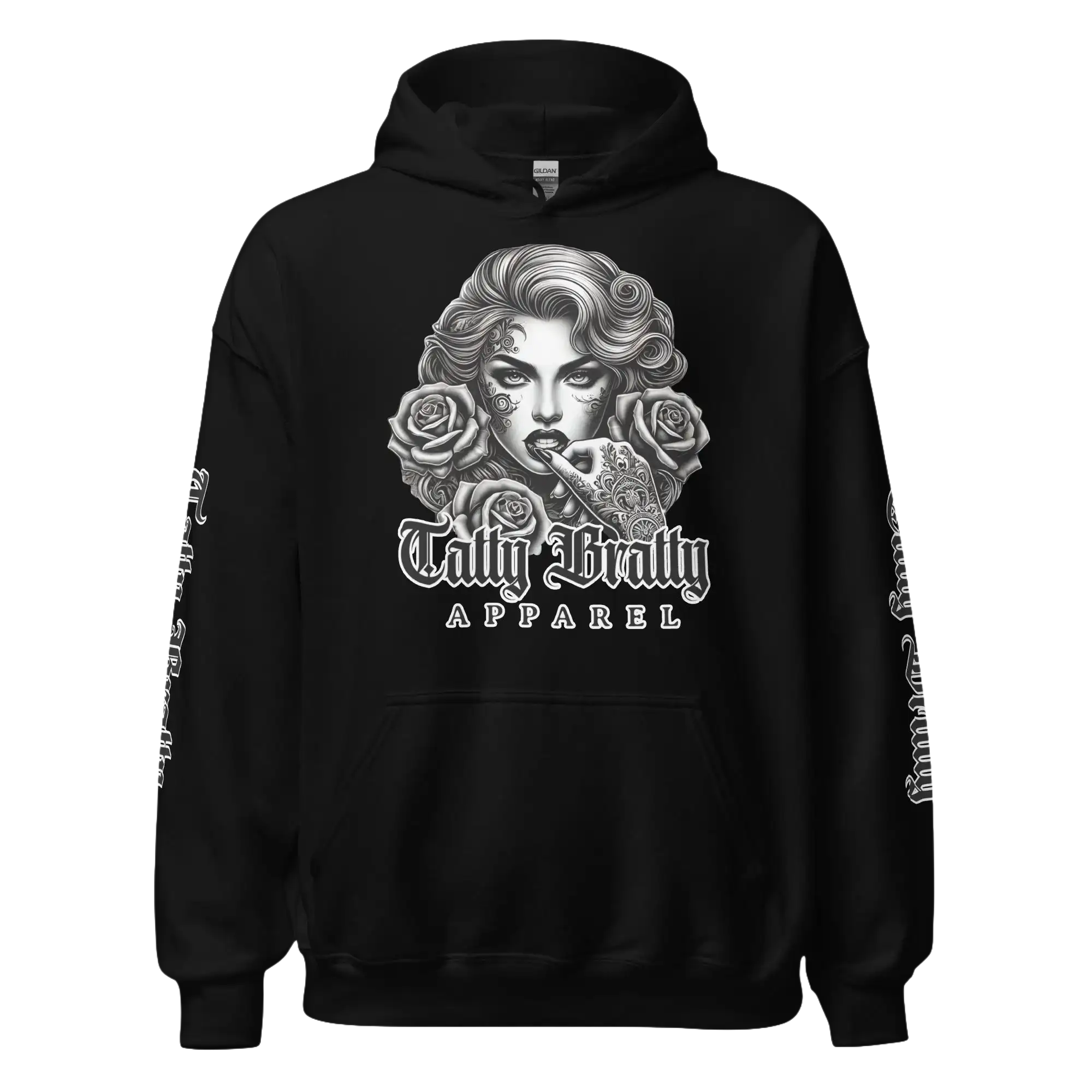 Black hoodie with a woman and roses graphic.