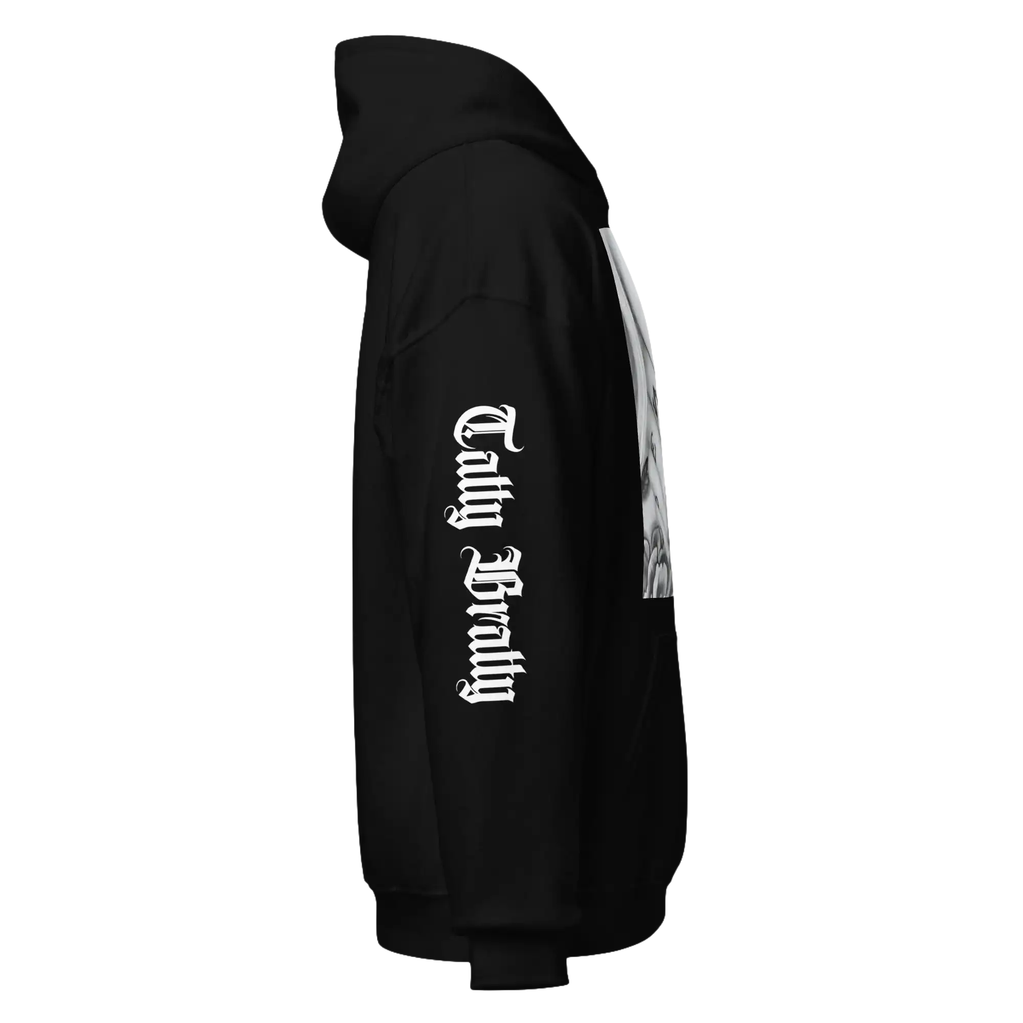 Black hoodie with gothic lettering.