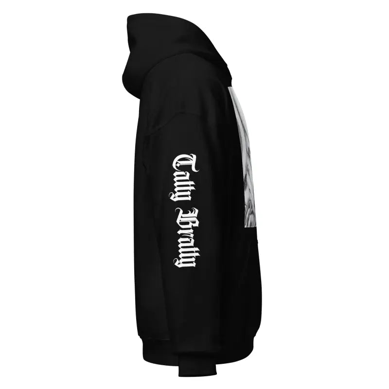 Black hoodie with gothic lettering.