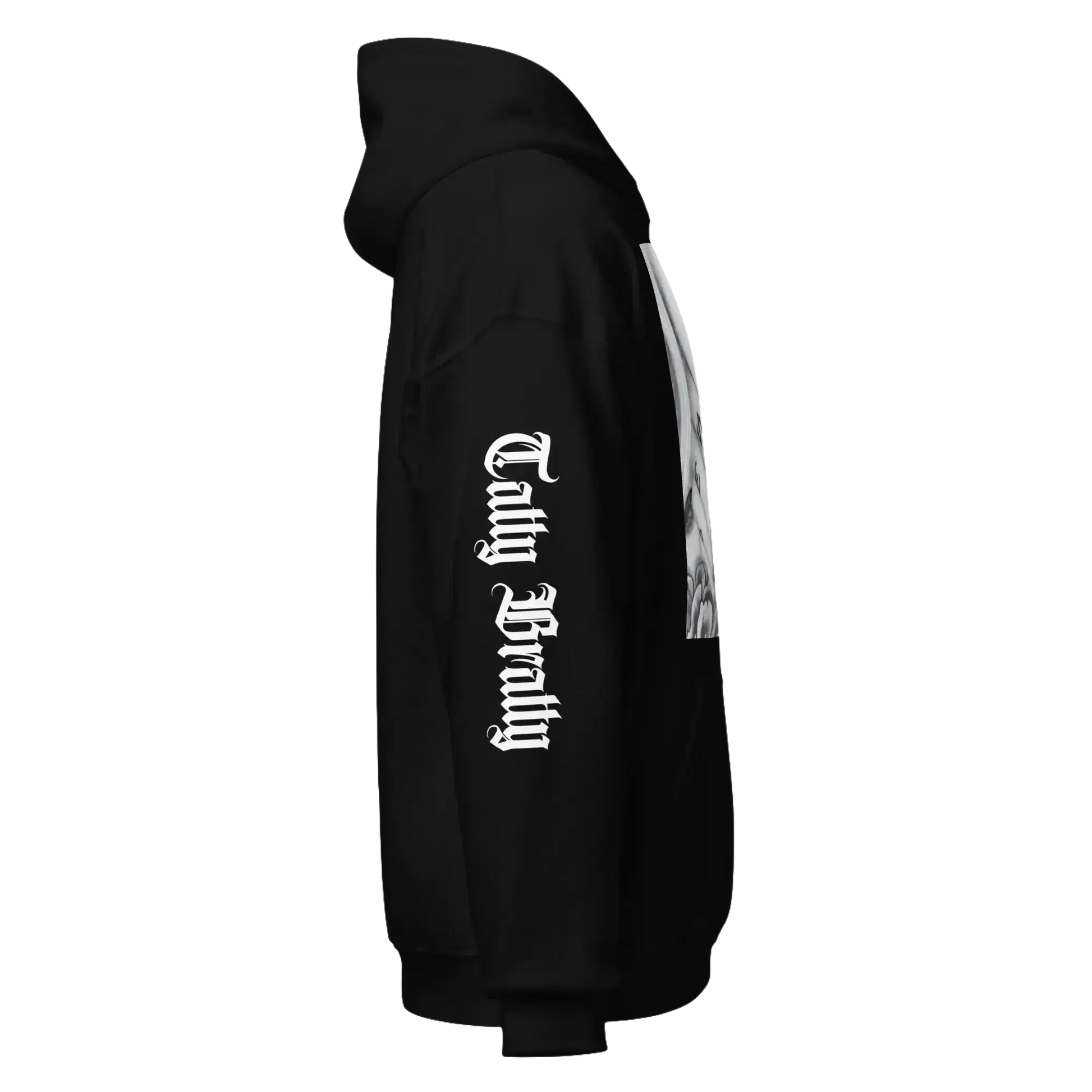 Black hoodie with gothic lettering.