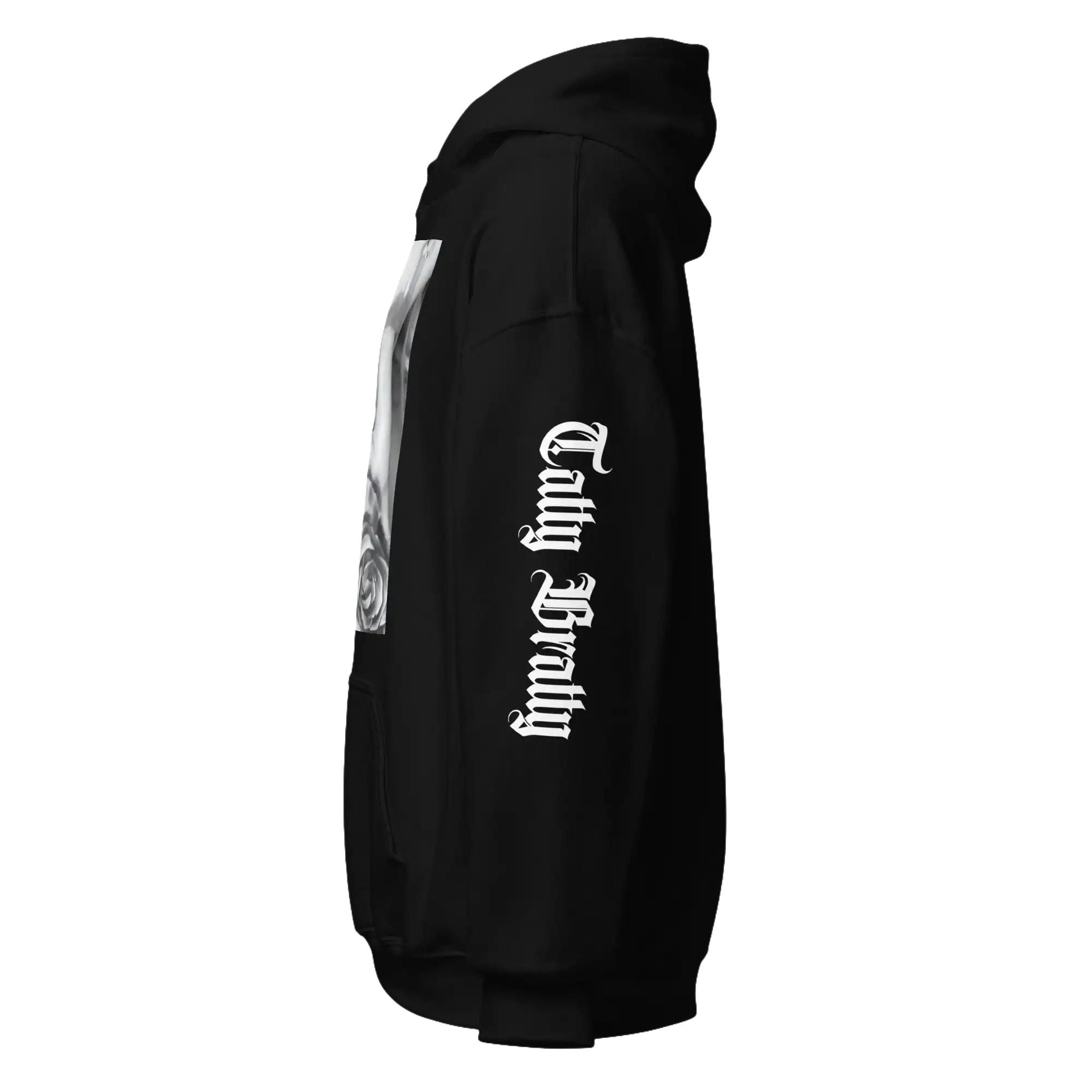 Black hoodie with gothic lettering.