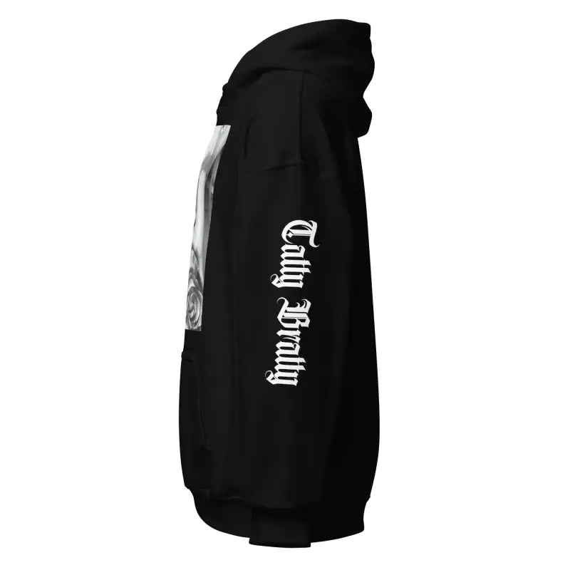 Black hoodie with gothic lettering.