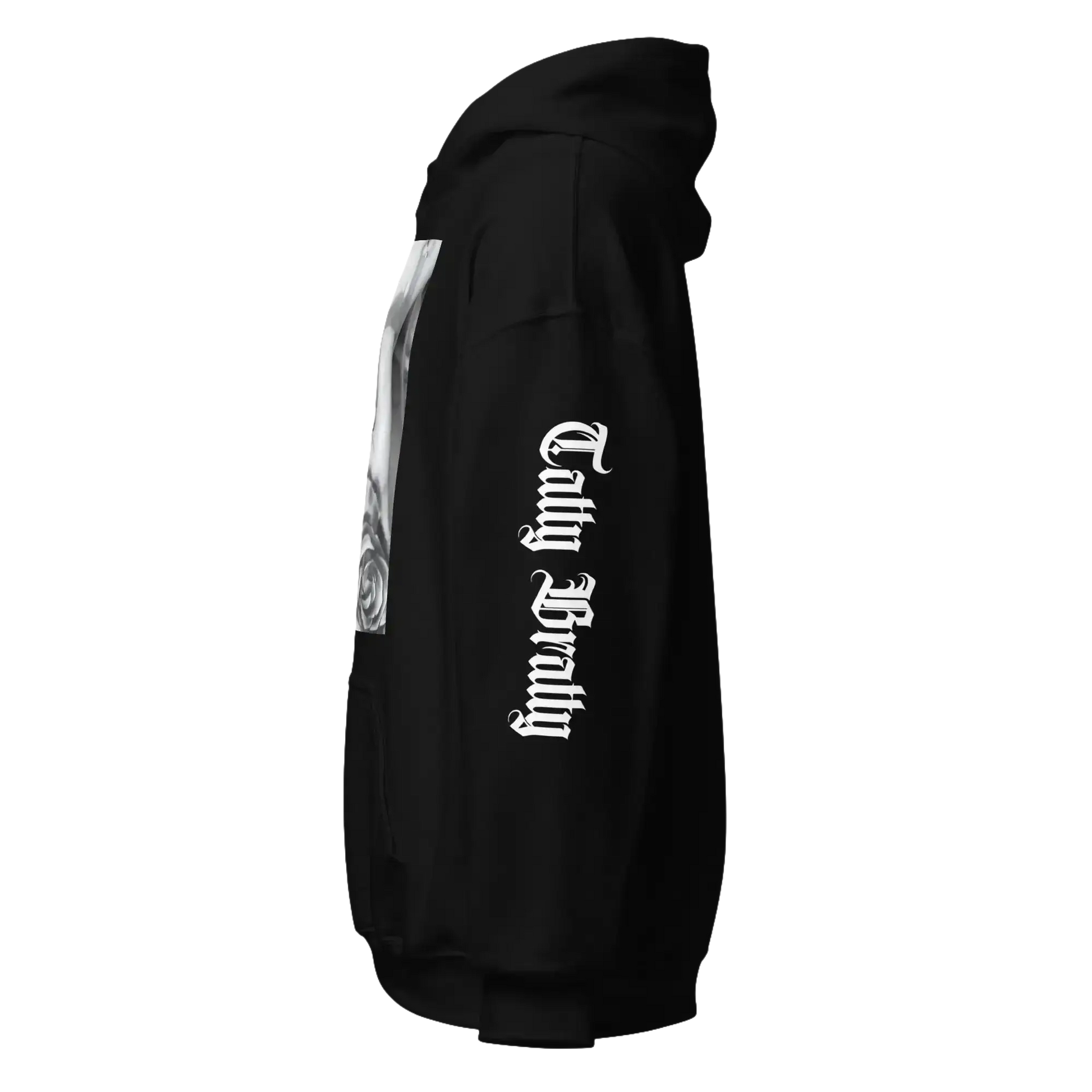 Black hoodie with gothic lettering.