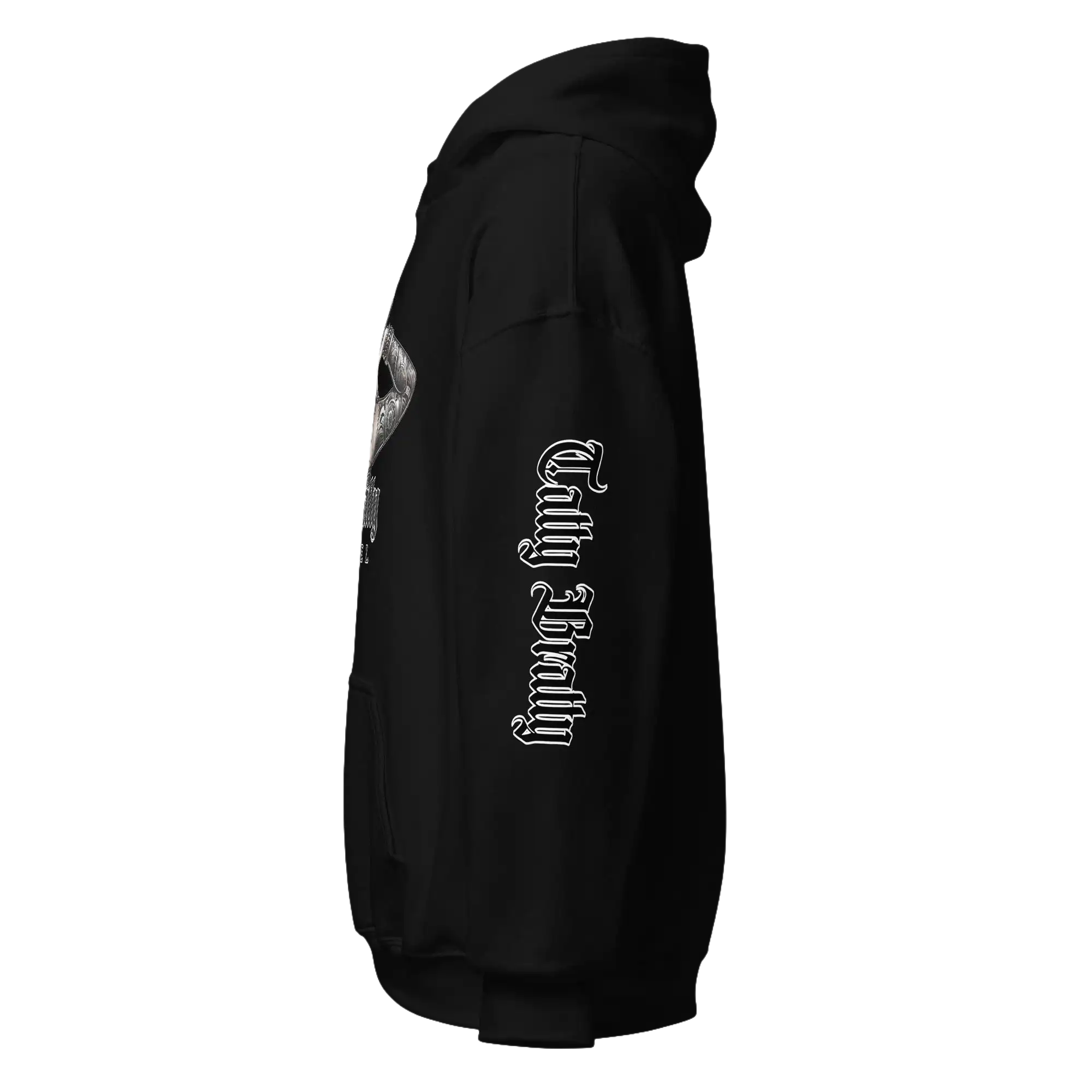 Black hooded sweatshirt.