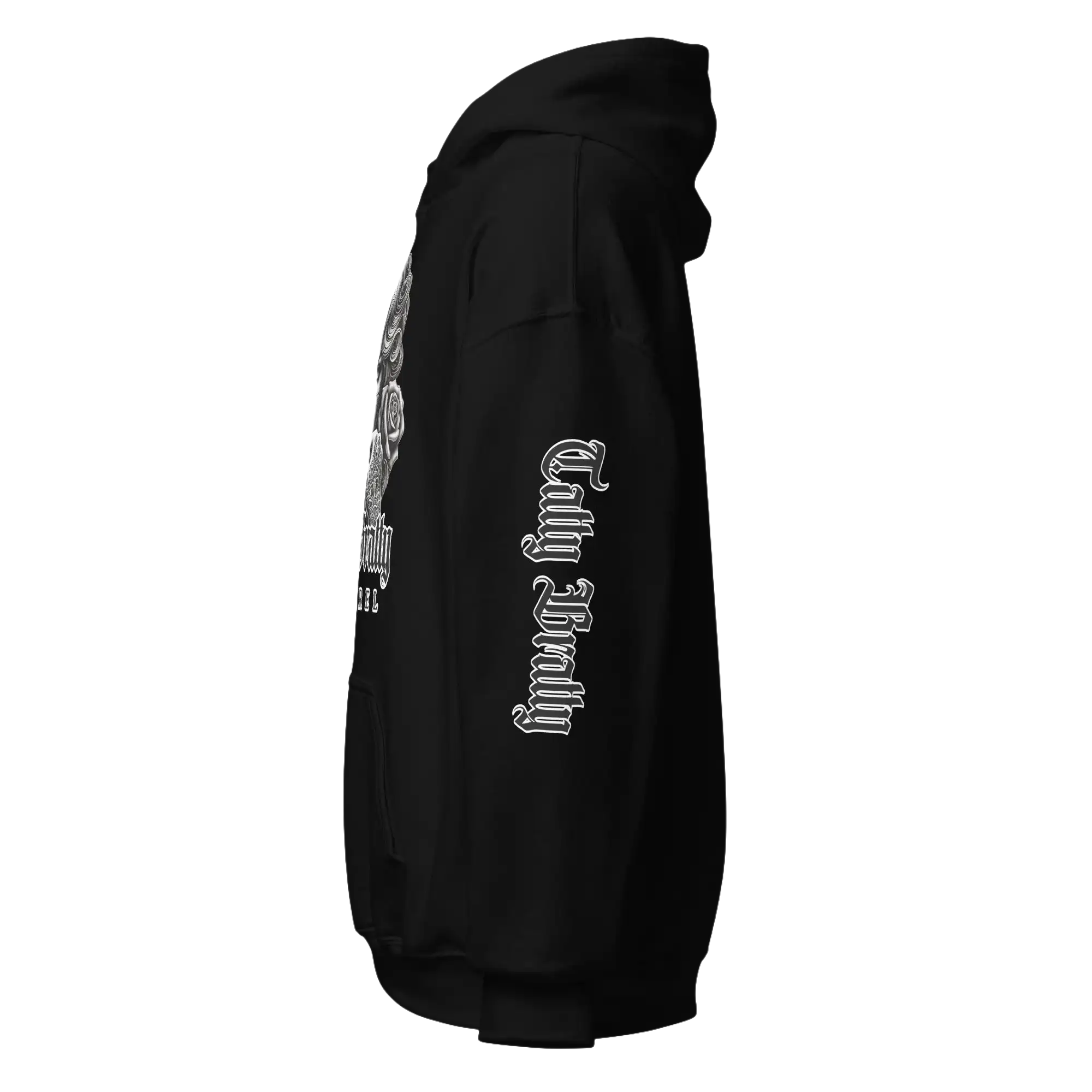 Black hooded sweatshirt.