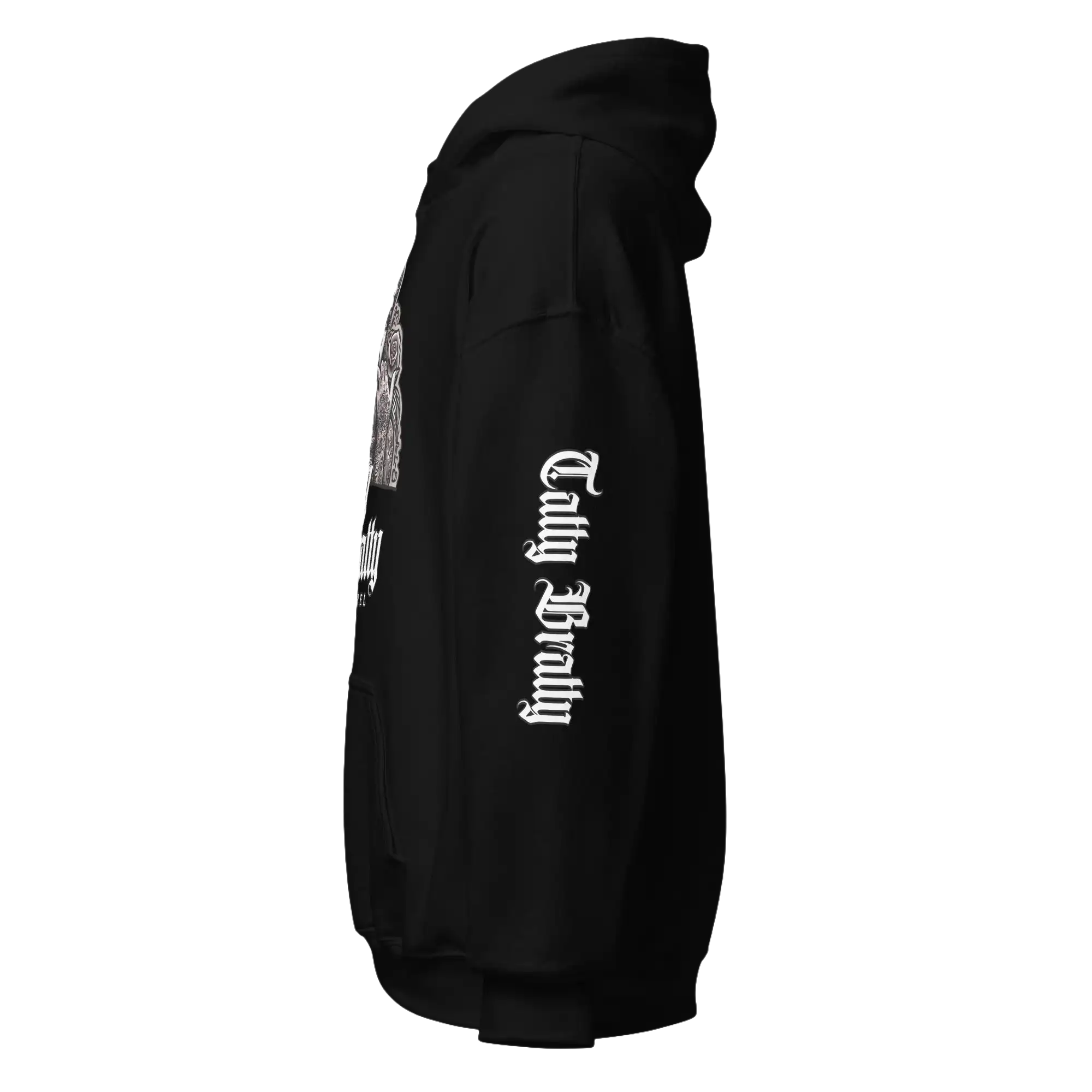 Black hooded sweatshirt.