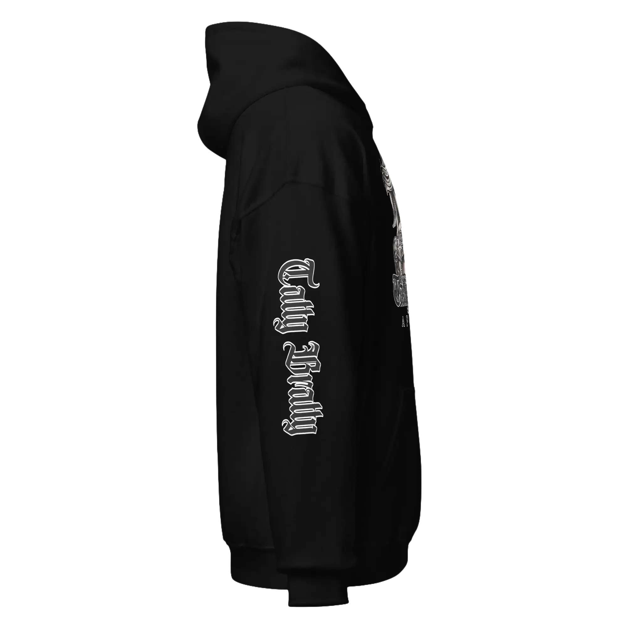 Black hooded sweatshirt.