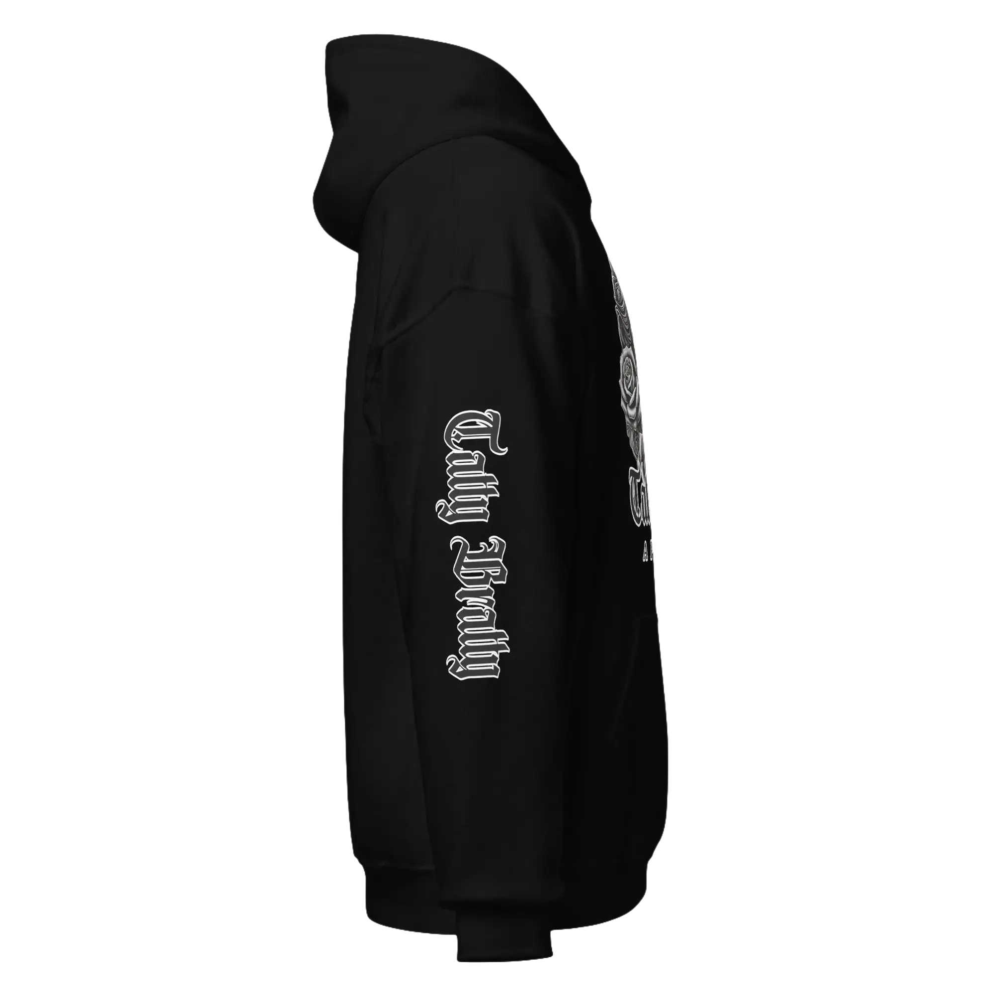 Black hooded sweatshirt.