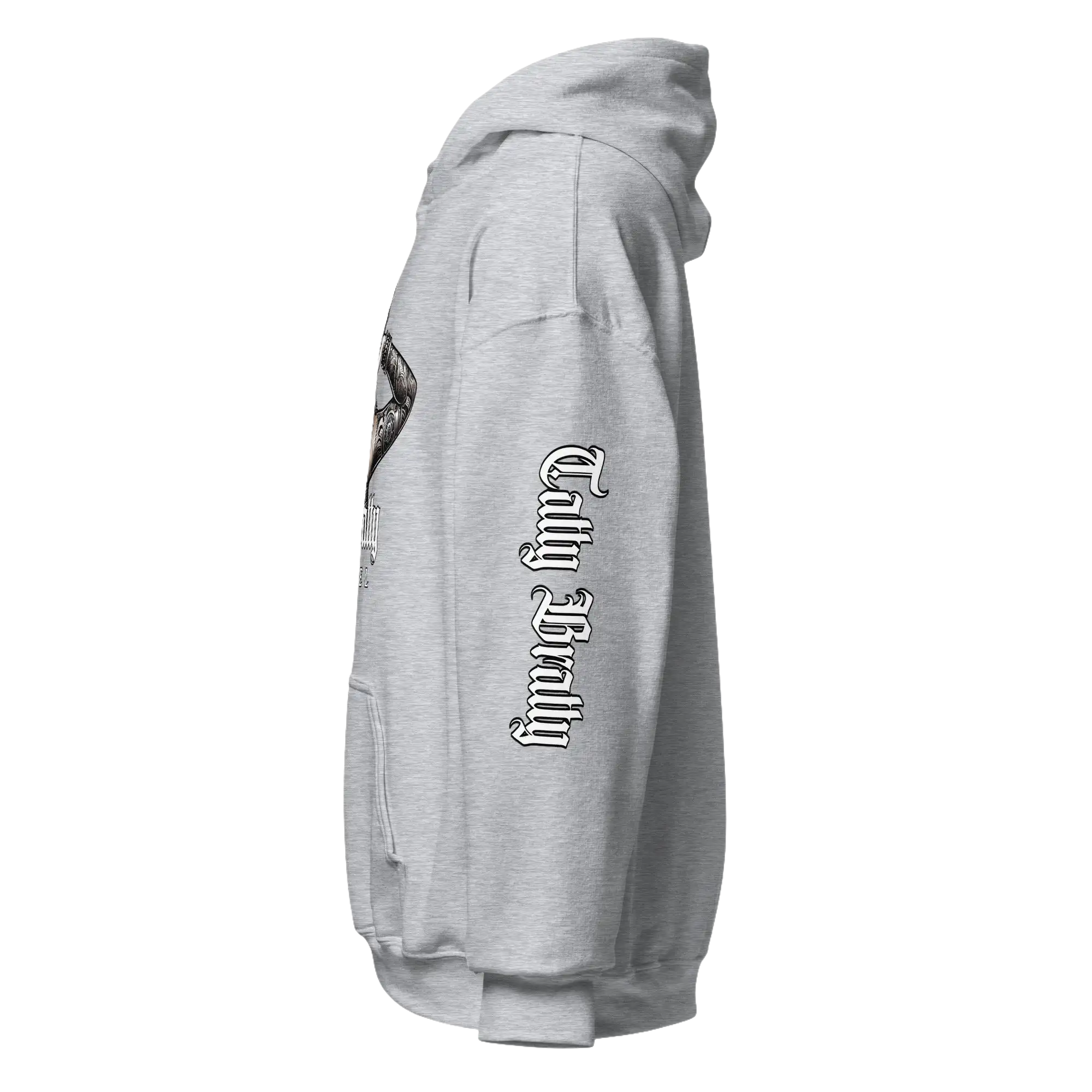 Gray hooded sweatshirt.