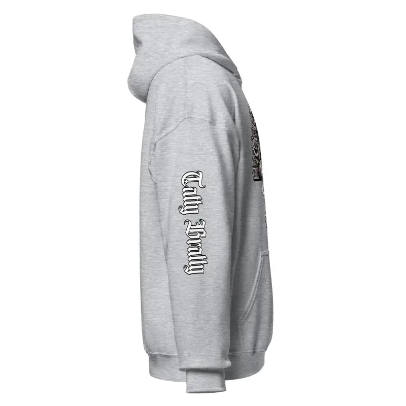 Gray hooded sweatshirt.