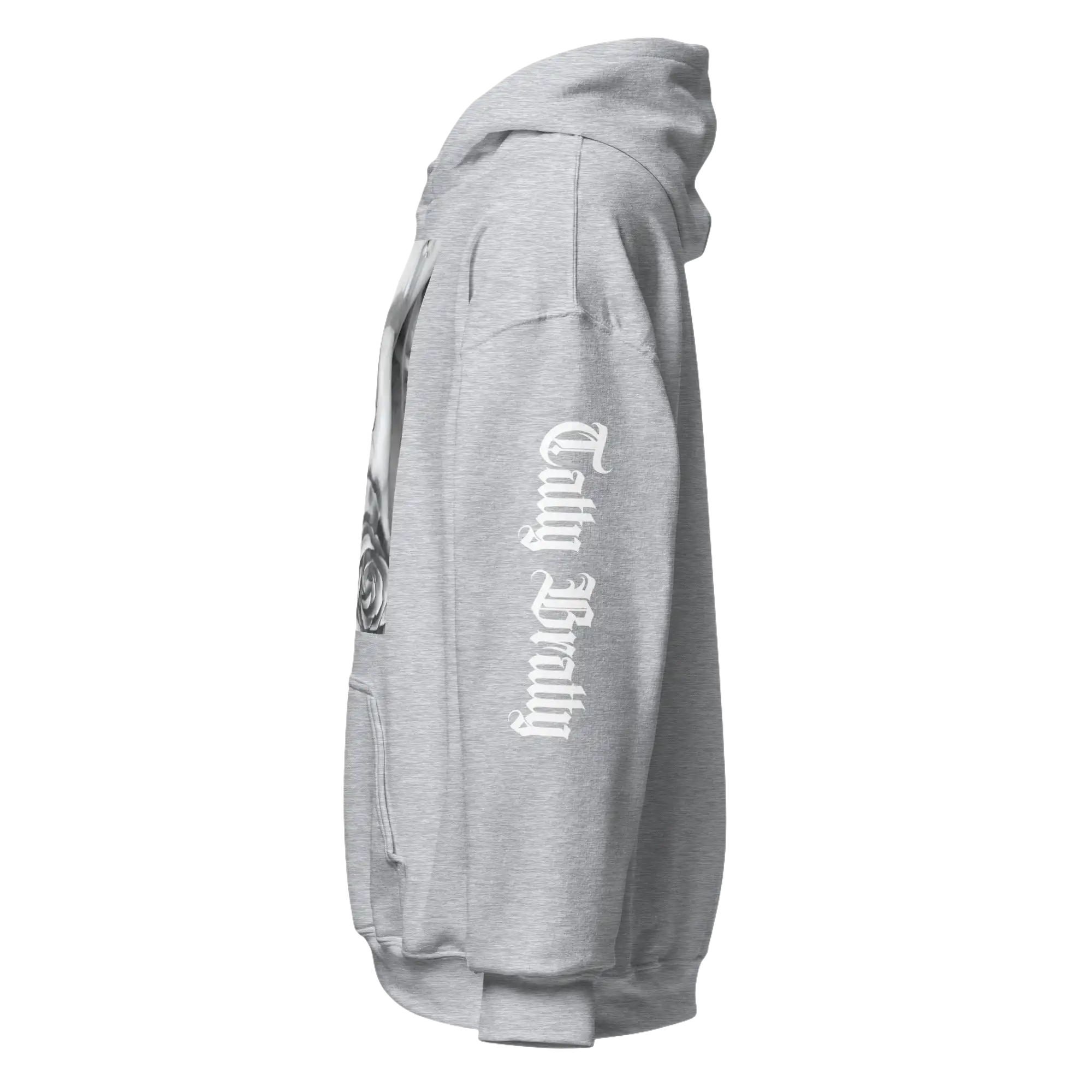 Gray hooded sweatshirt.