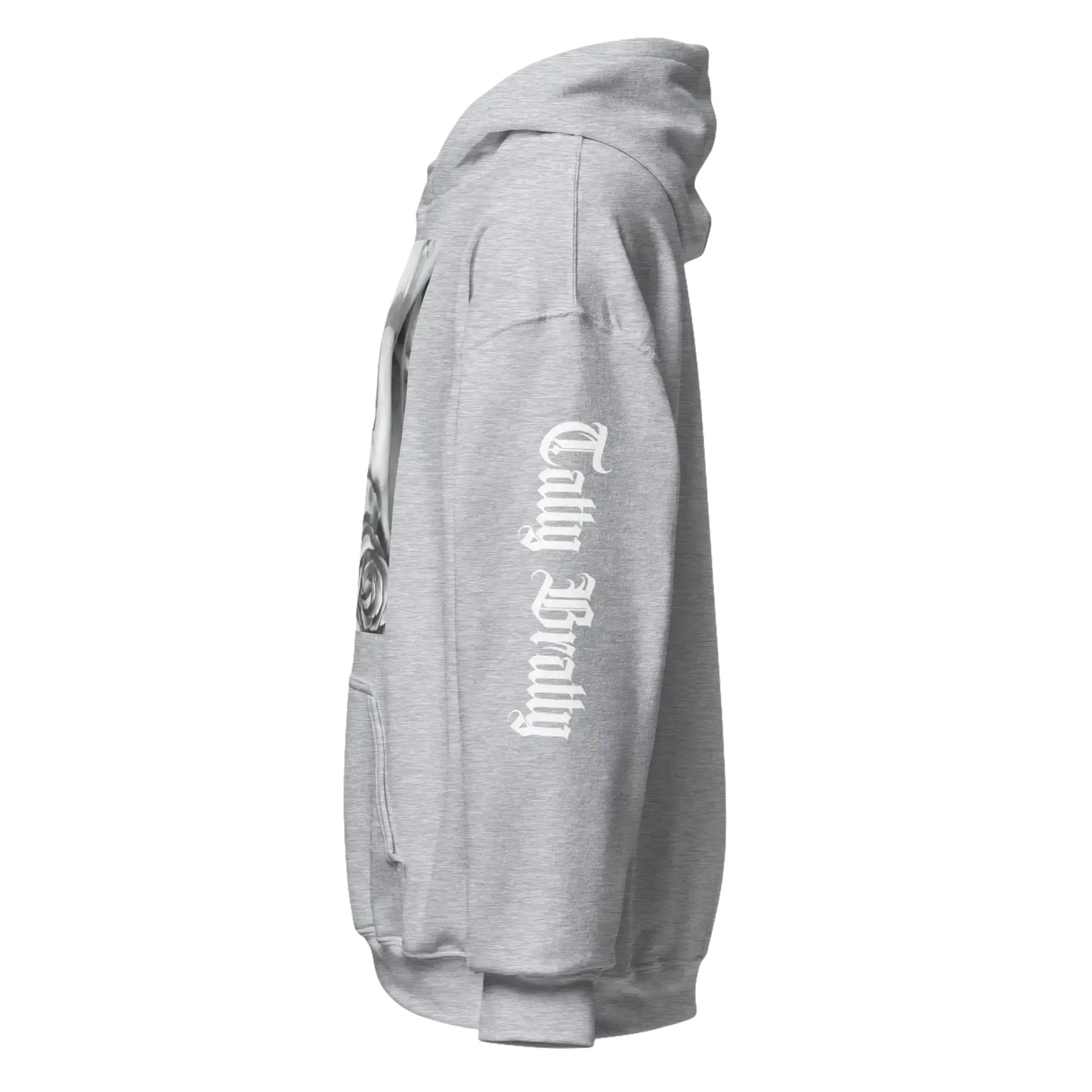 Gray hooded sweatshirt.
