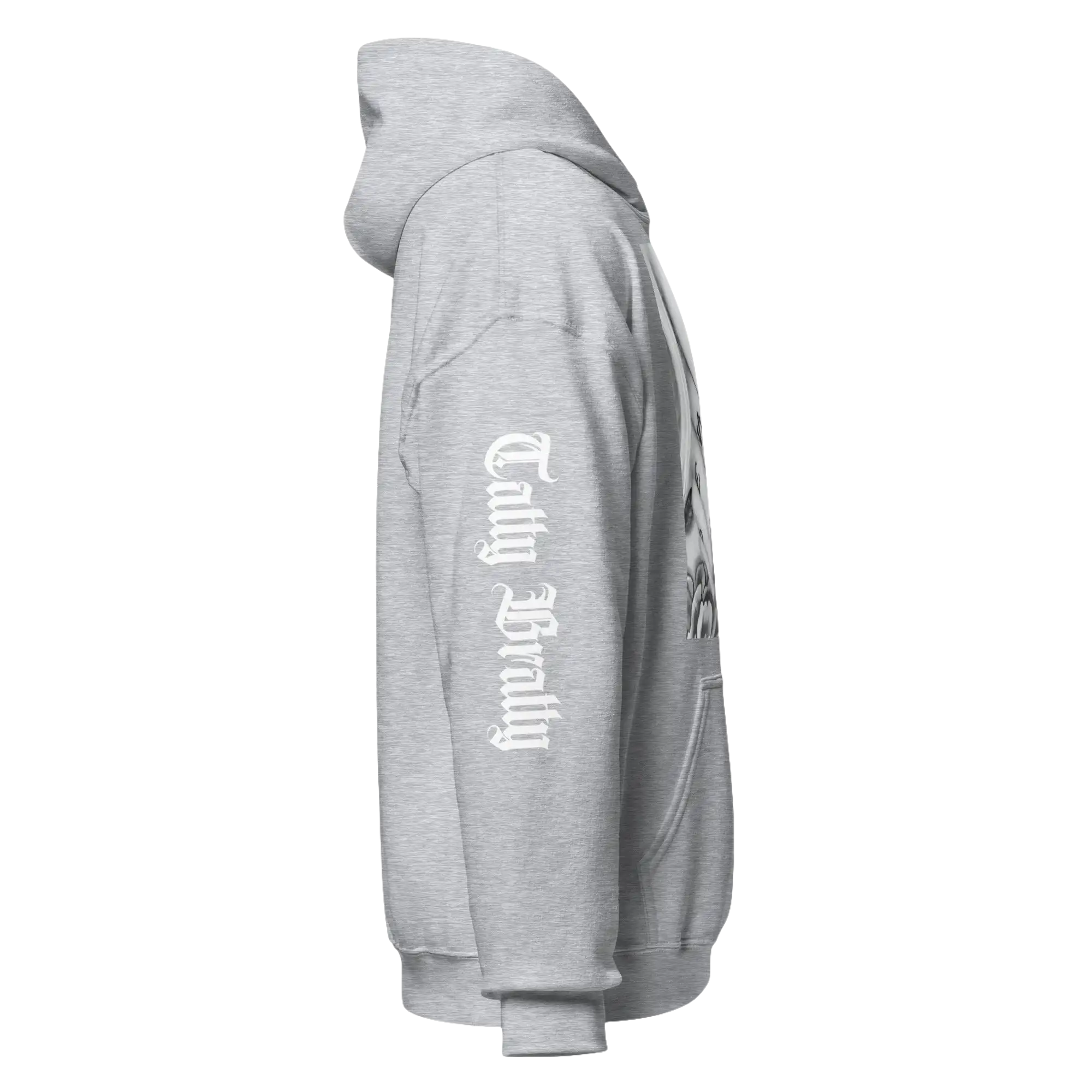 Gray hooded sweatshirt.