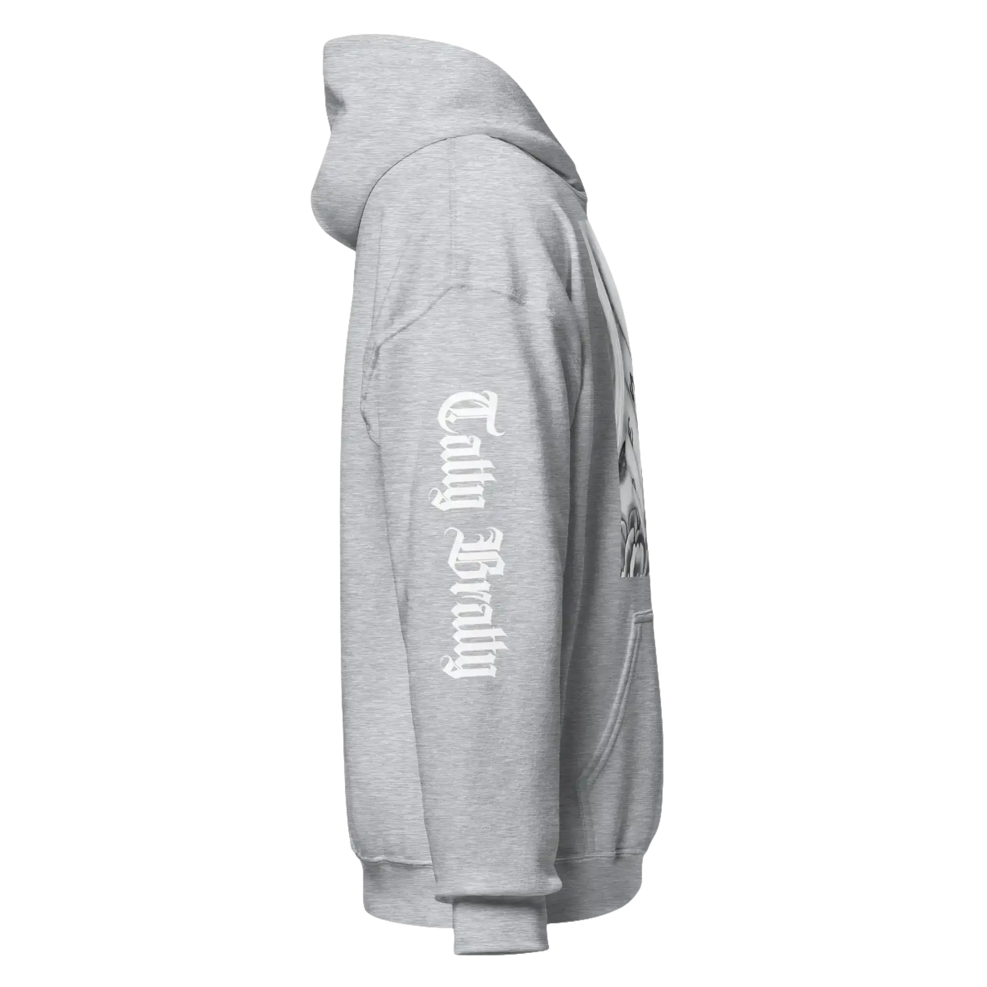 Gray hooded sweatshirt.