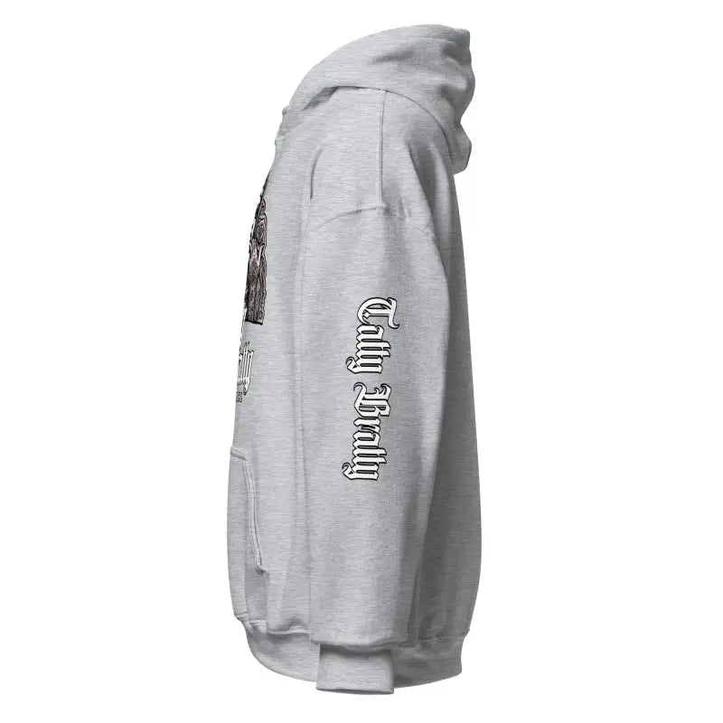 Gray hooded sweatshirt.
