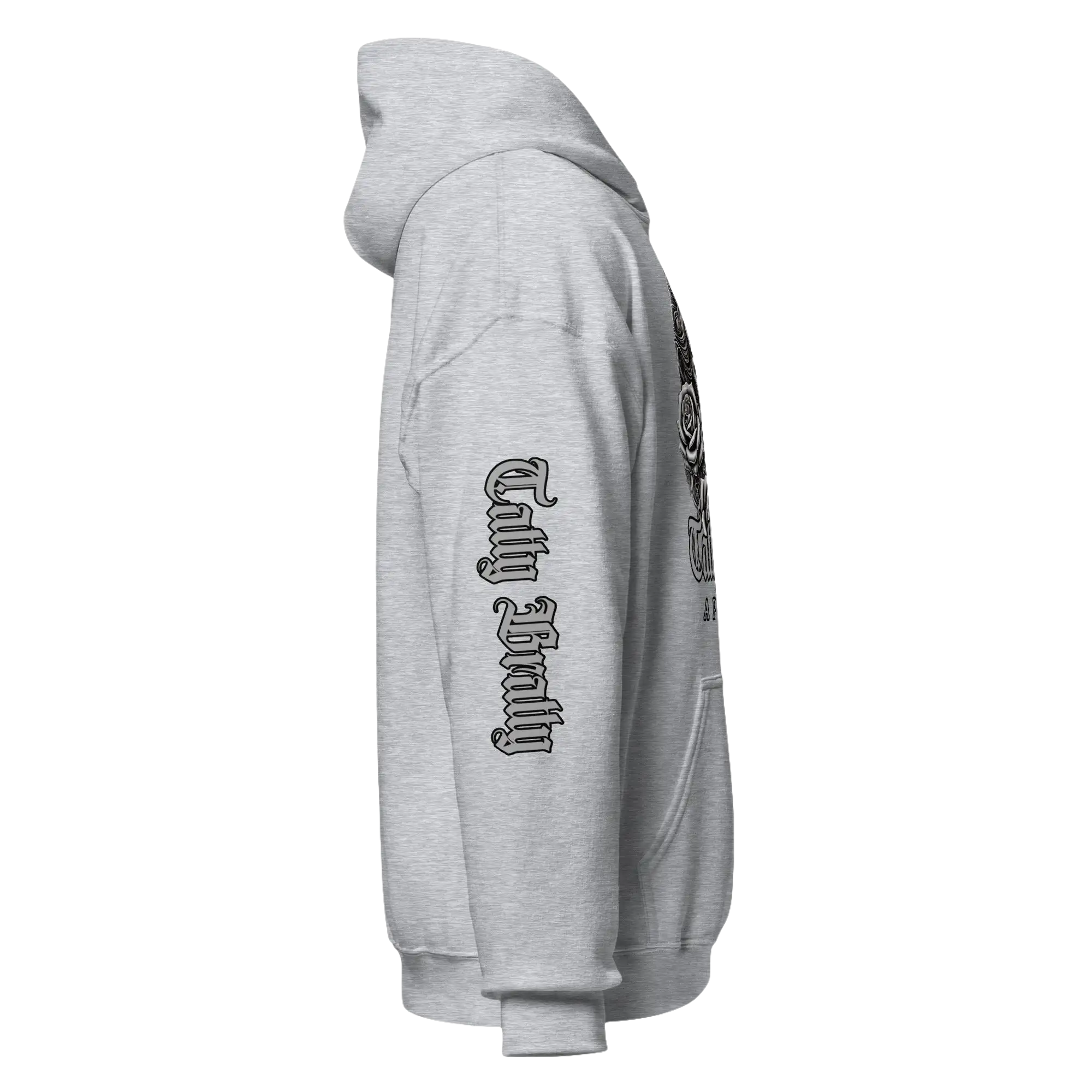 Gray hooded sweatshirt.