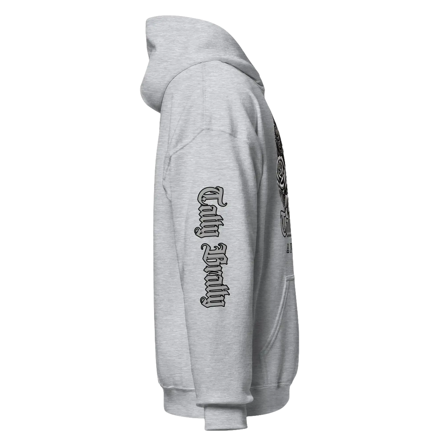 Gray hooded sweatshirt.