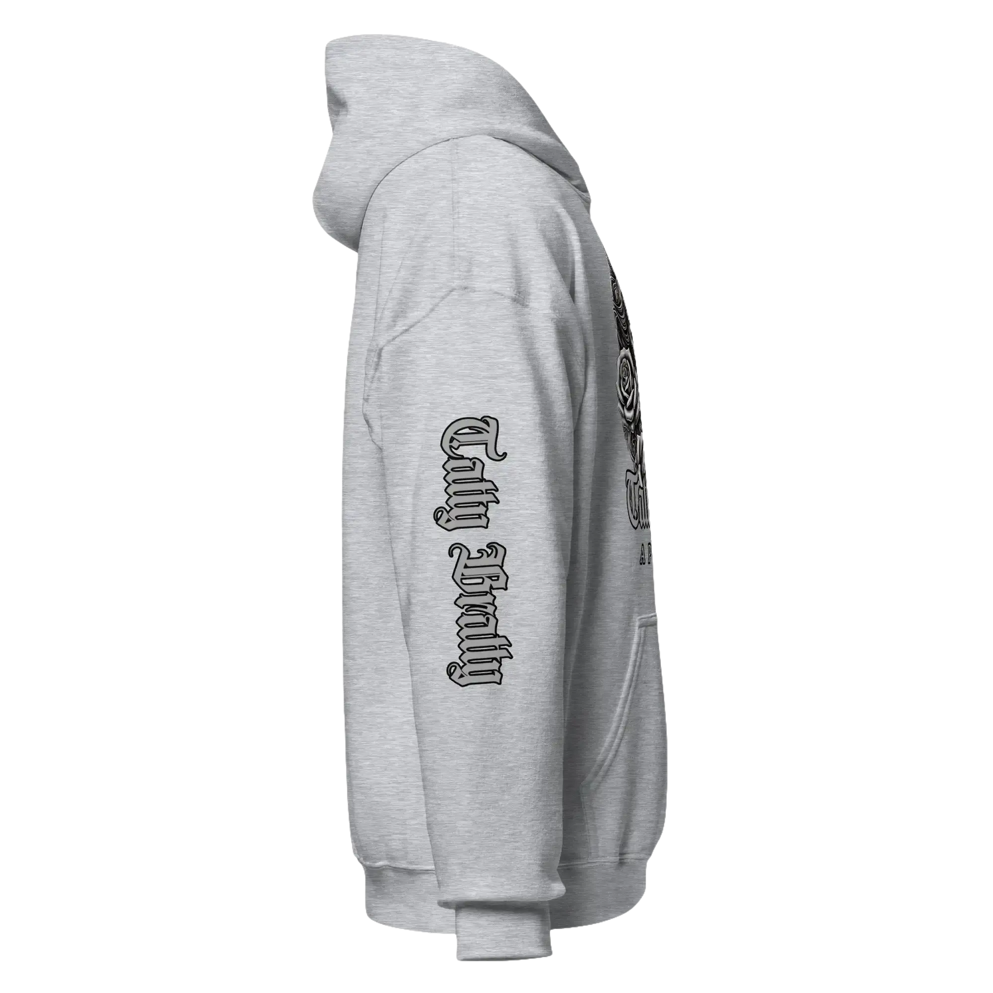 Gray hooded sweatshirt.