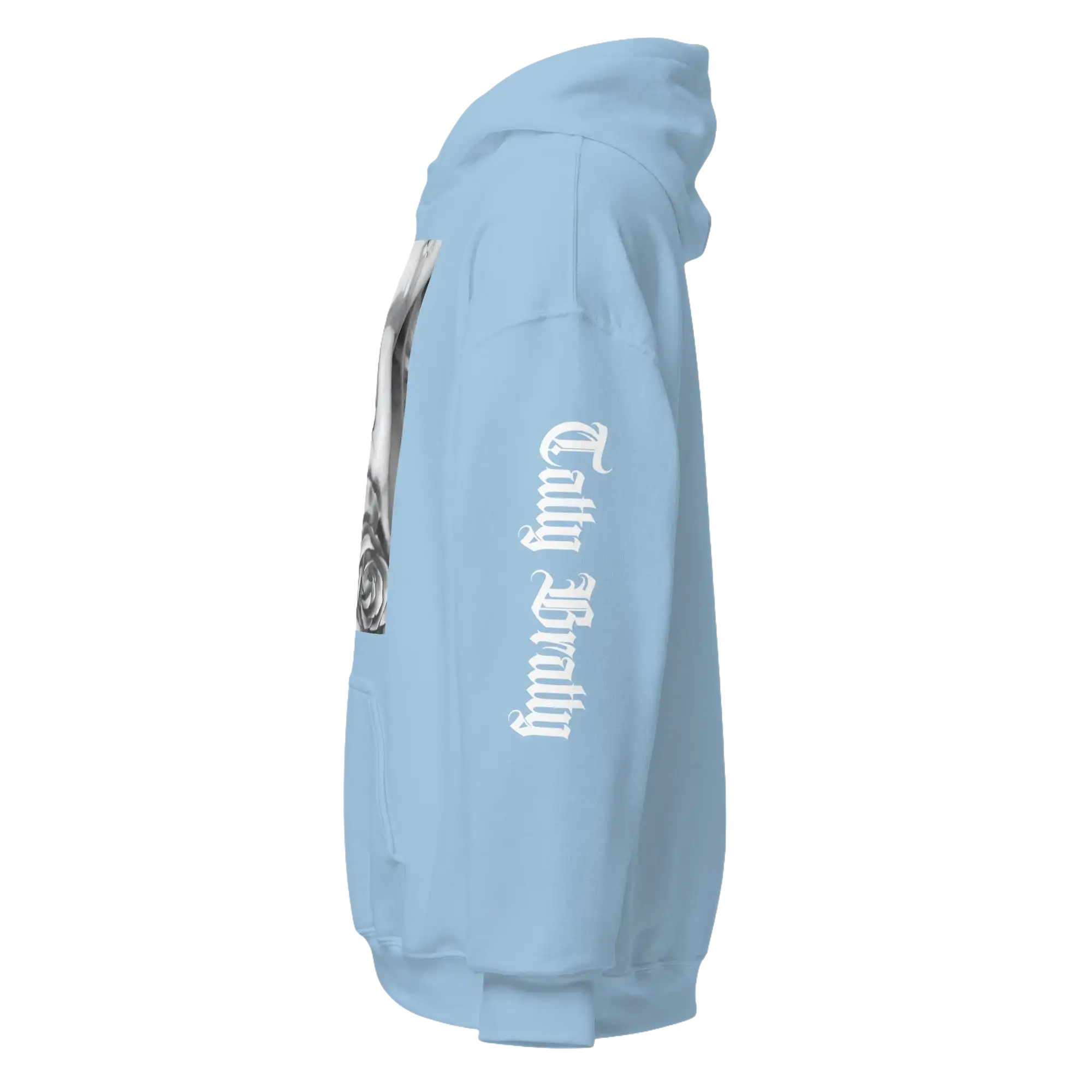 Light blue hoodie.