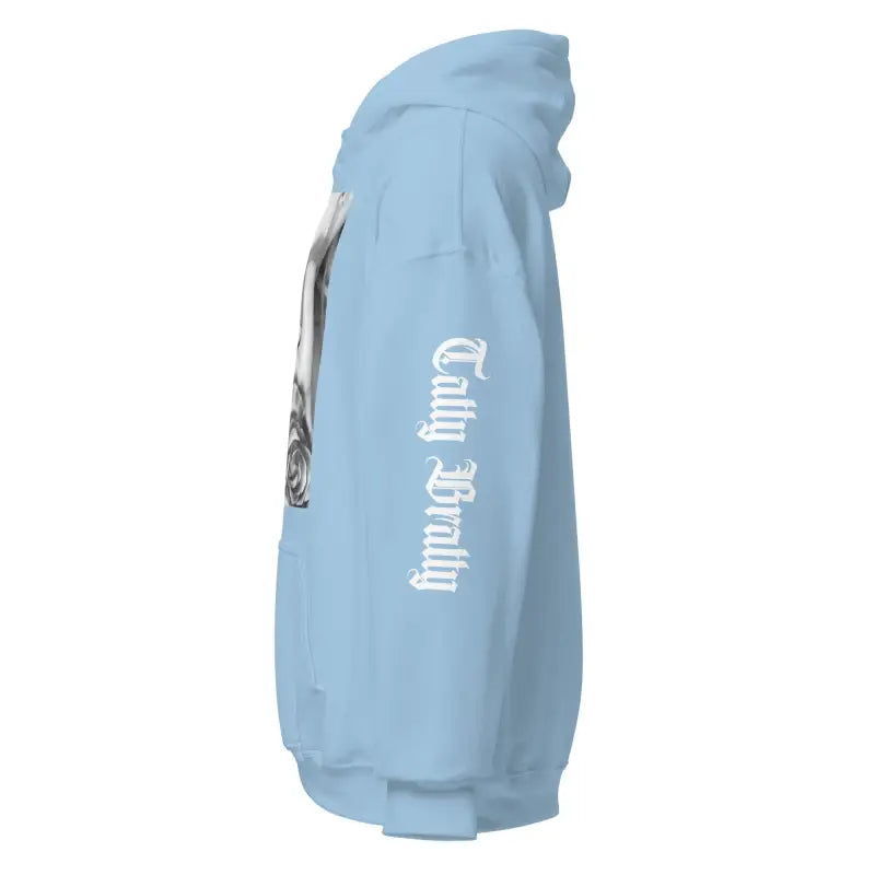 Light blue hoodie.