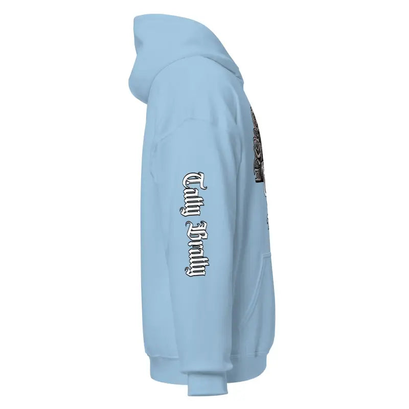 Light blue hoodie.