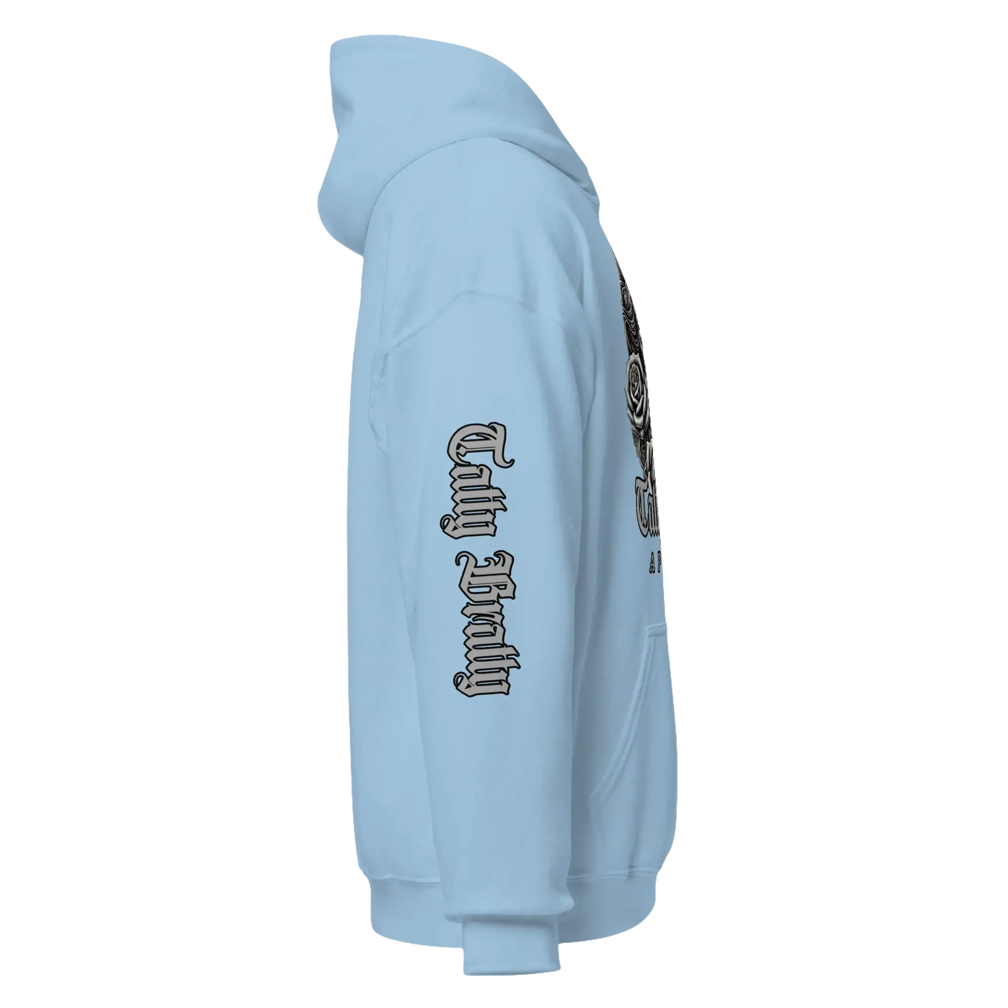 Light blue hoodie.