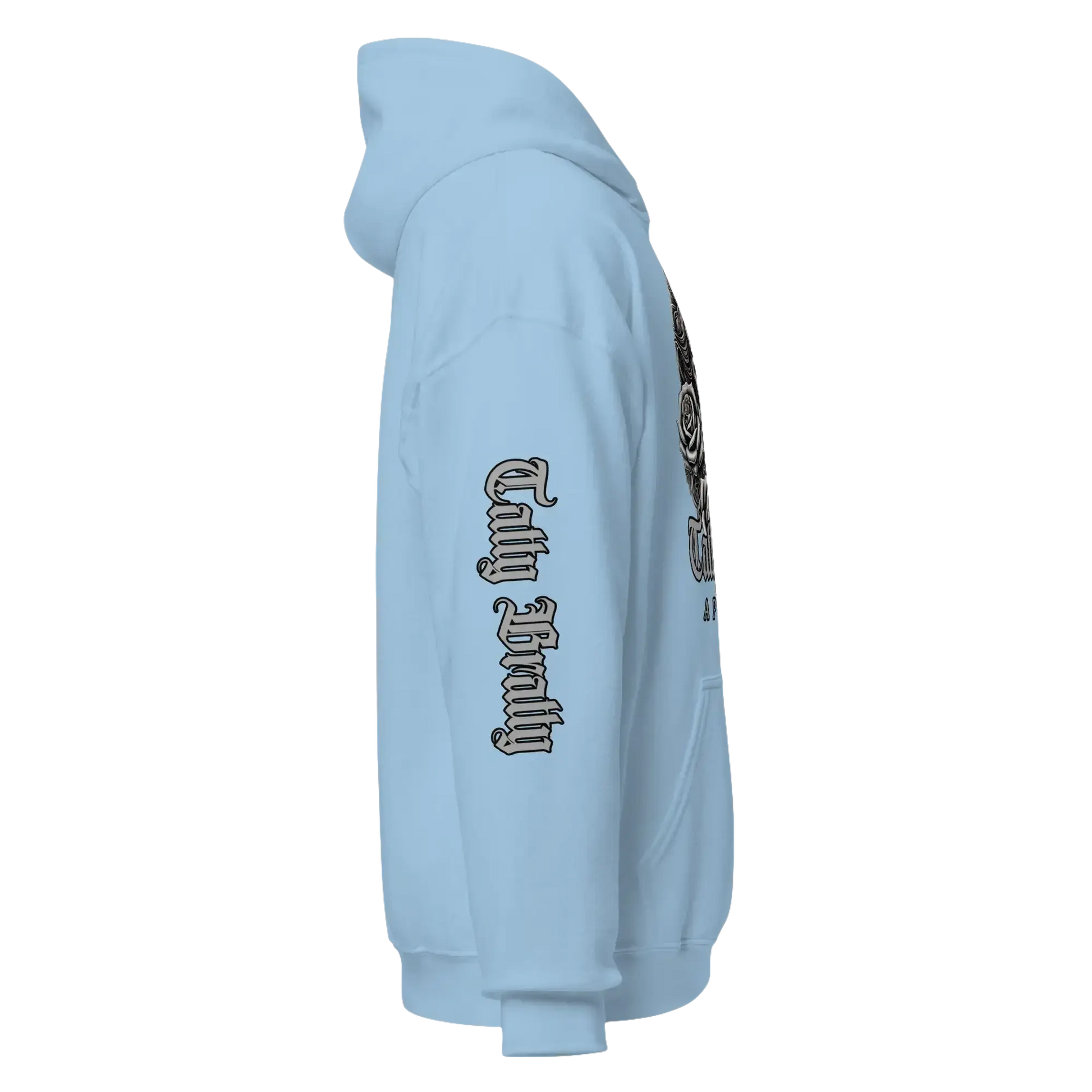 Light blue hoodie.