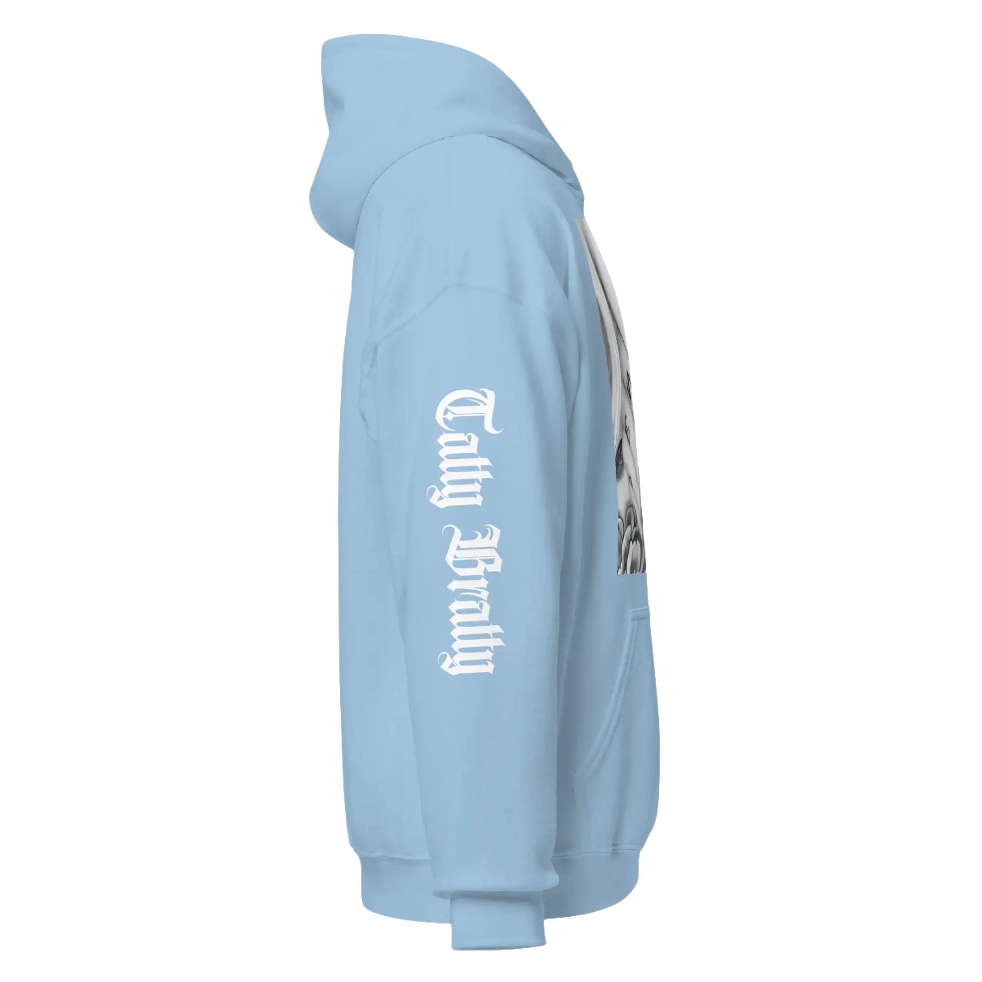 Light blue hoodie.