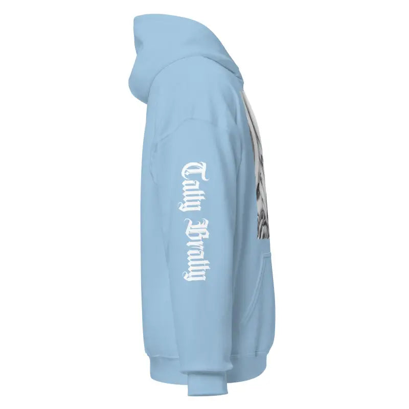 Light blue hoodie.