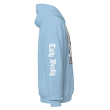 Light blue hoodie.