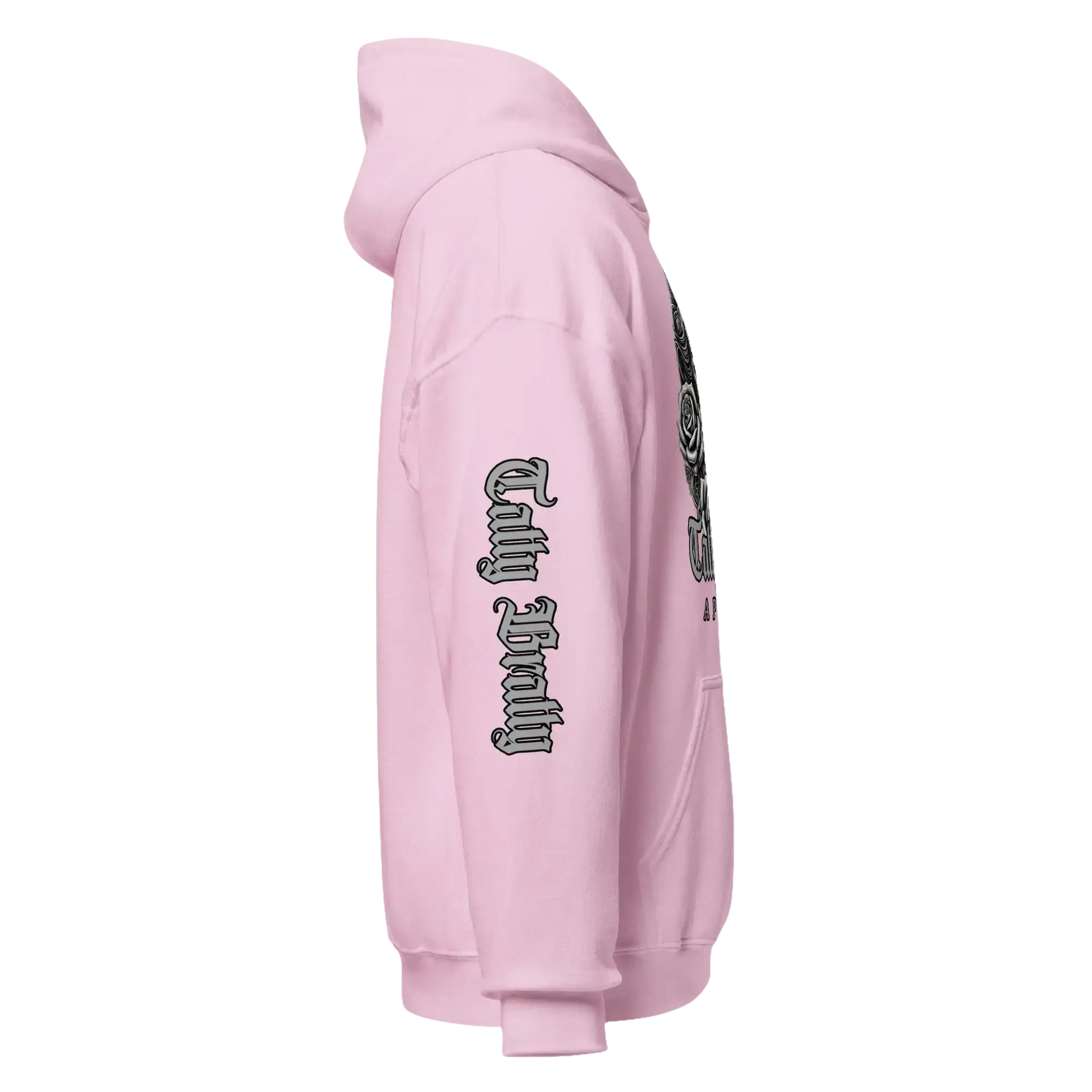 Pink hoodie with graphic design.