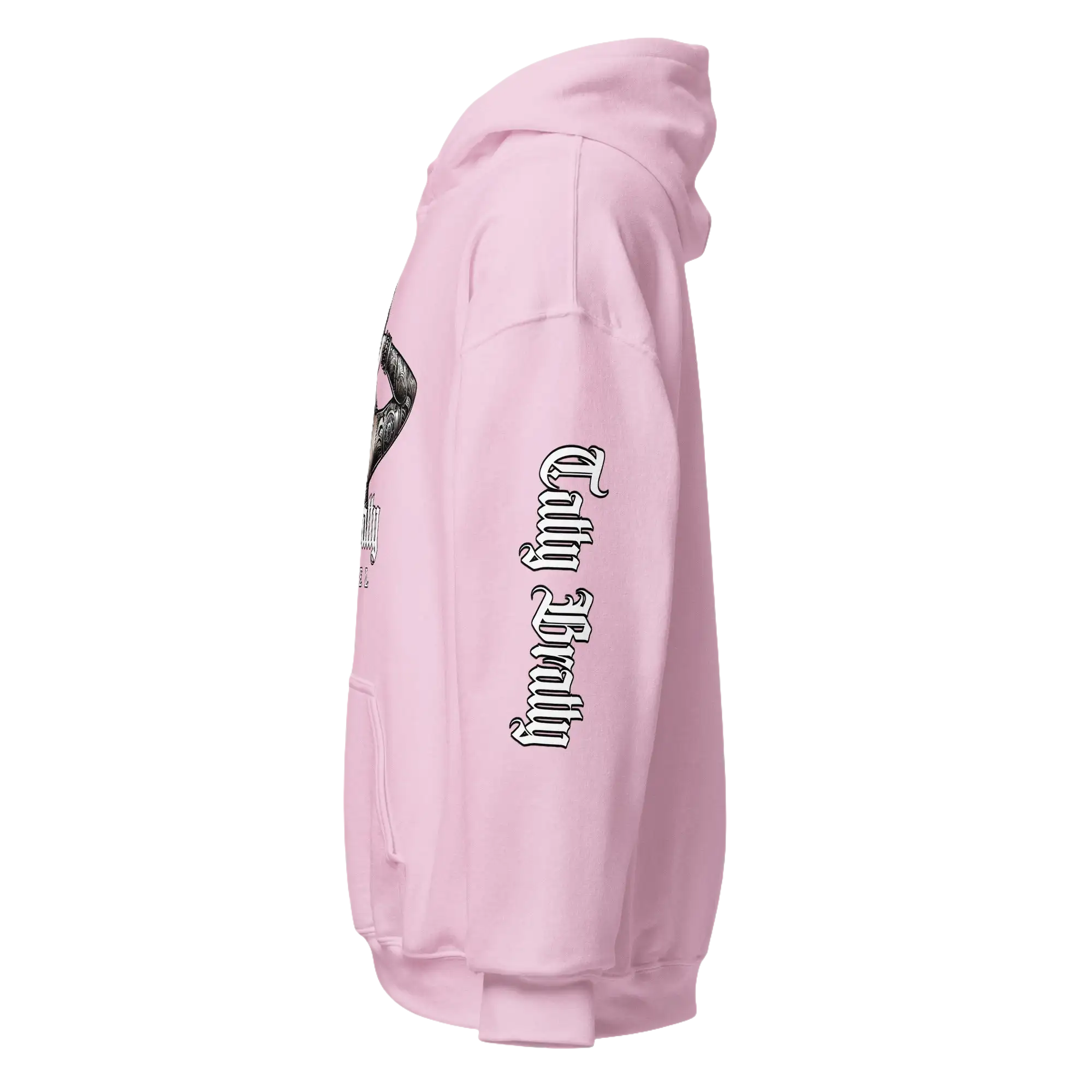Pink hooded sweatshirt.