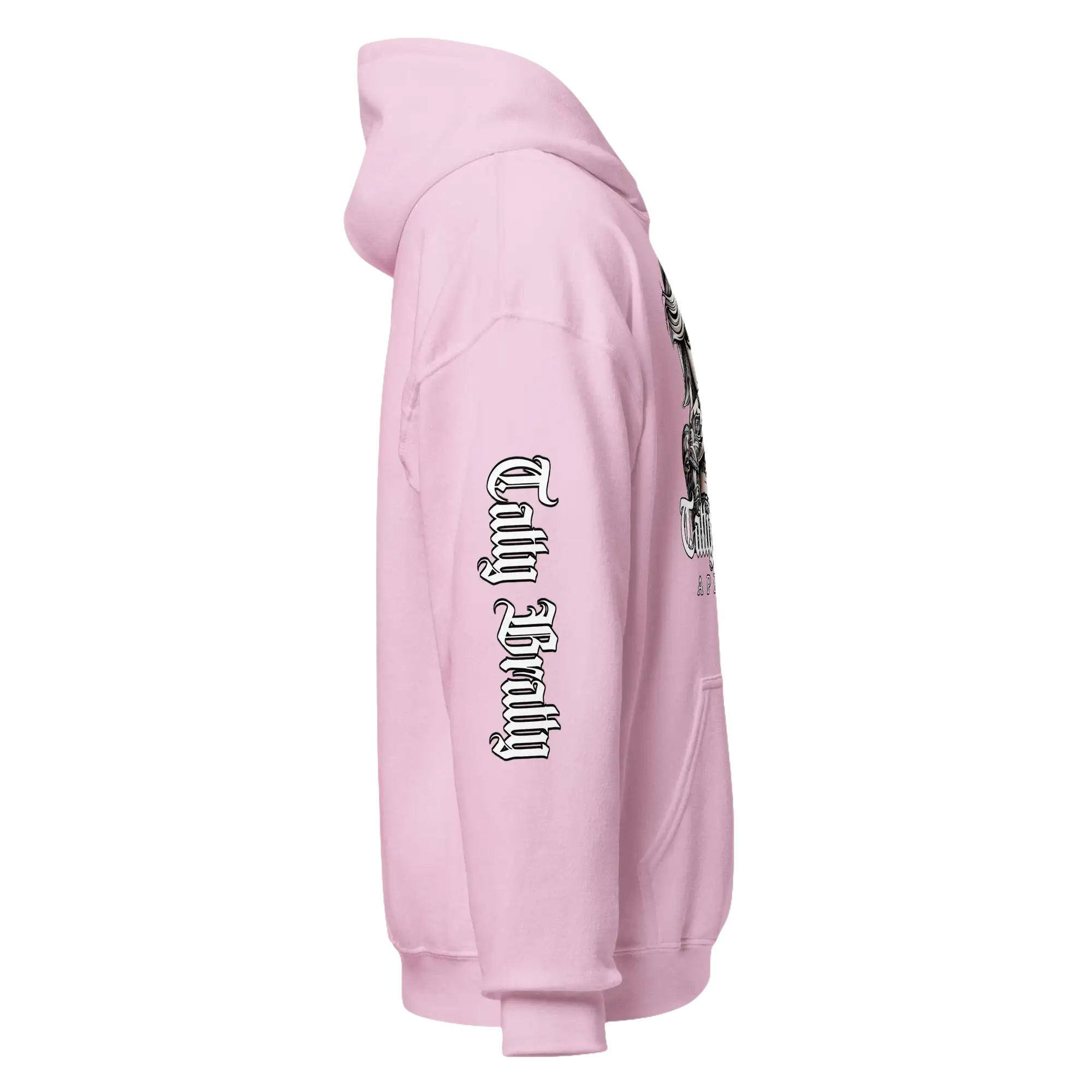 Pink hooded sweatshirt.