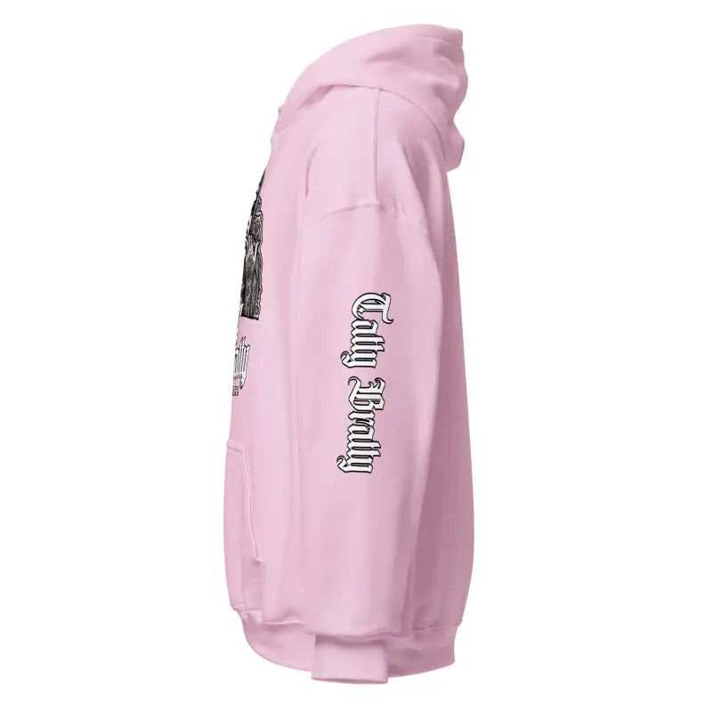 Pink hooded sweatshirt.
