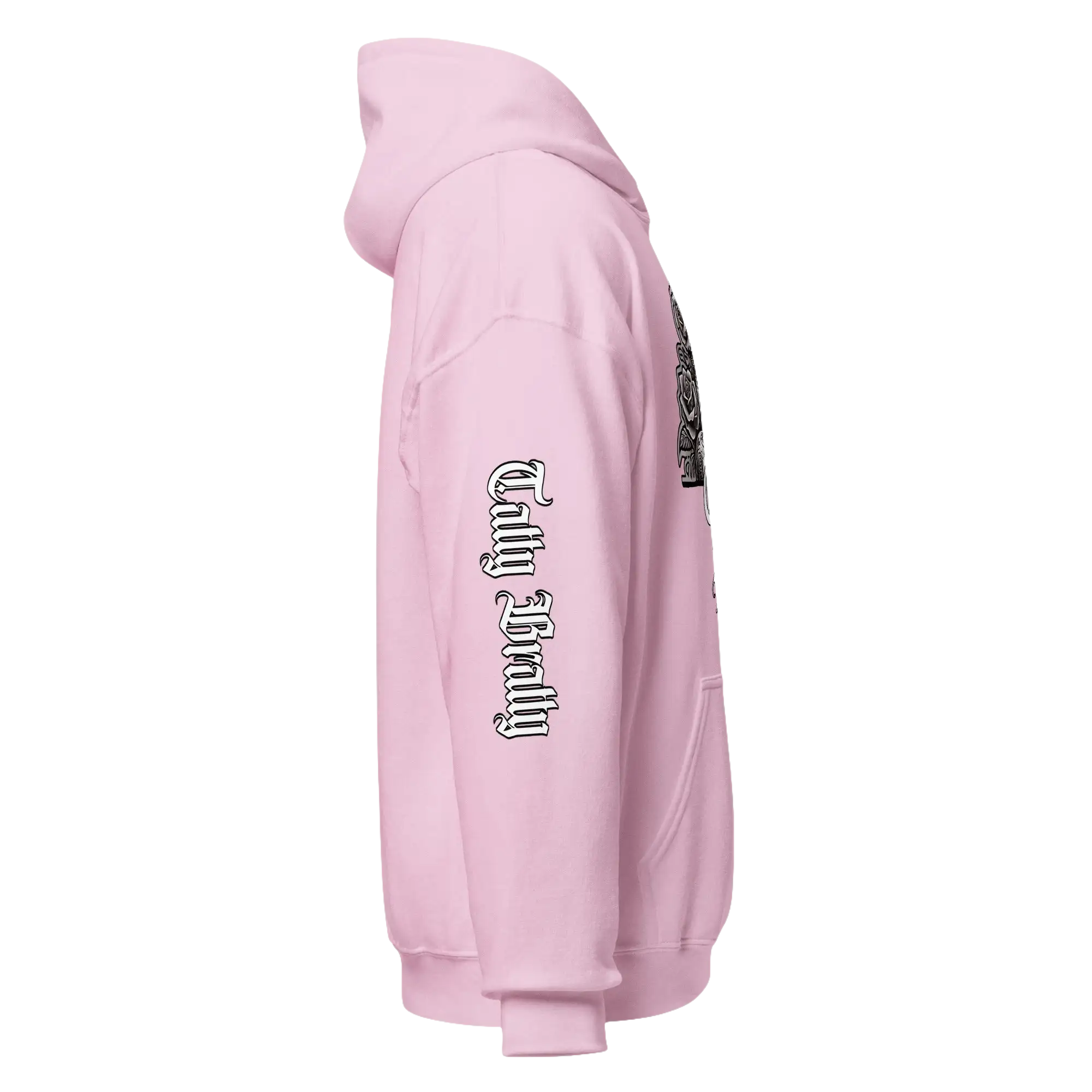 Pink hooded sweatshirt.